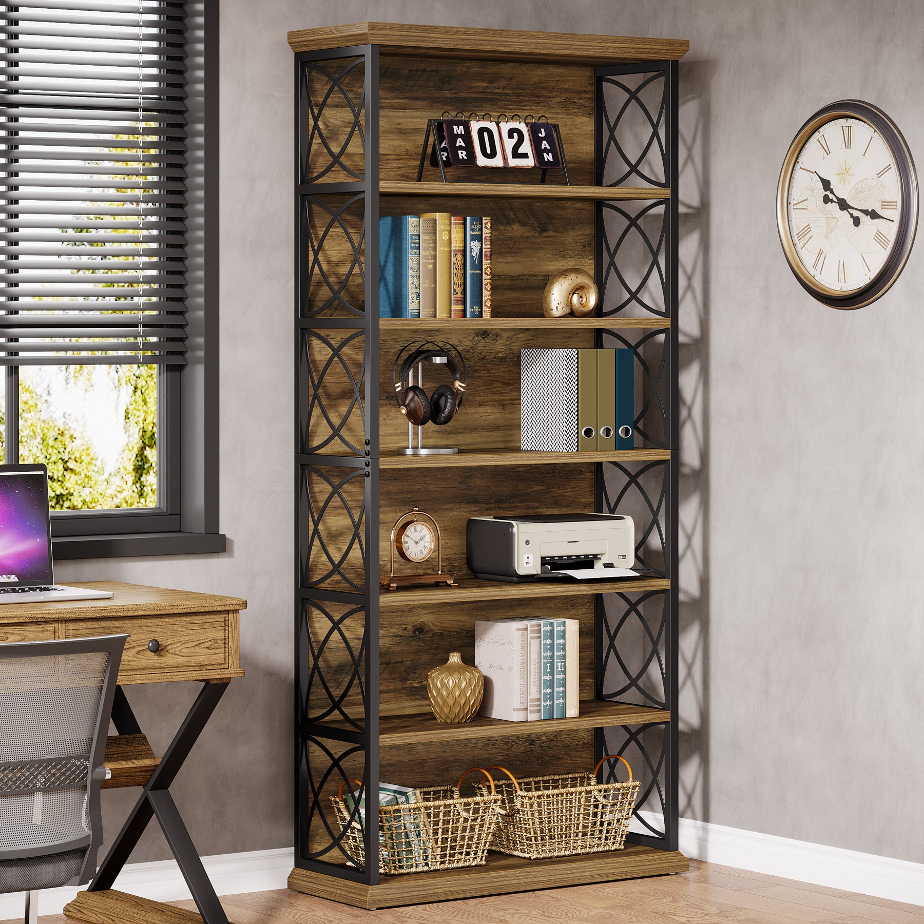 185 cm Hoge Industriële Boekenkast, 6 Planken Open Etagère in Hout en Metaal voor Woonkamer