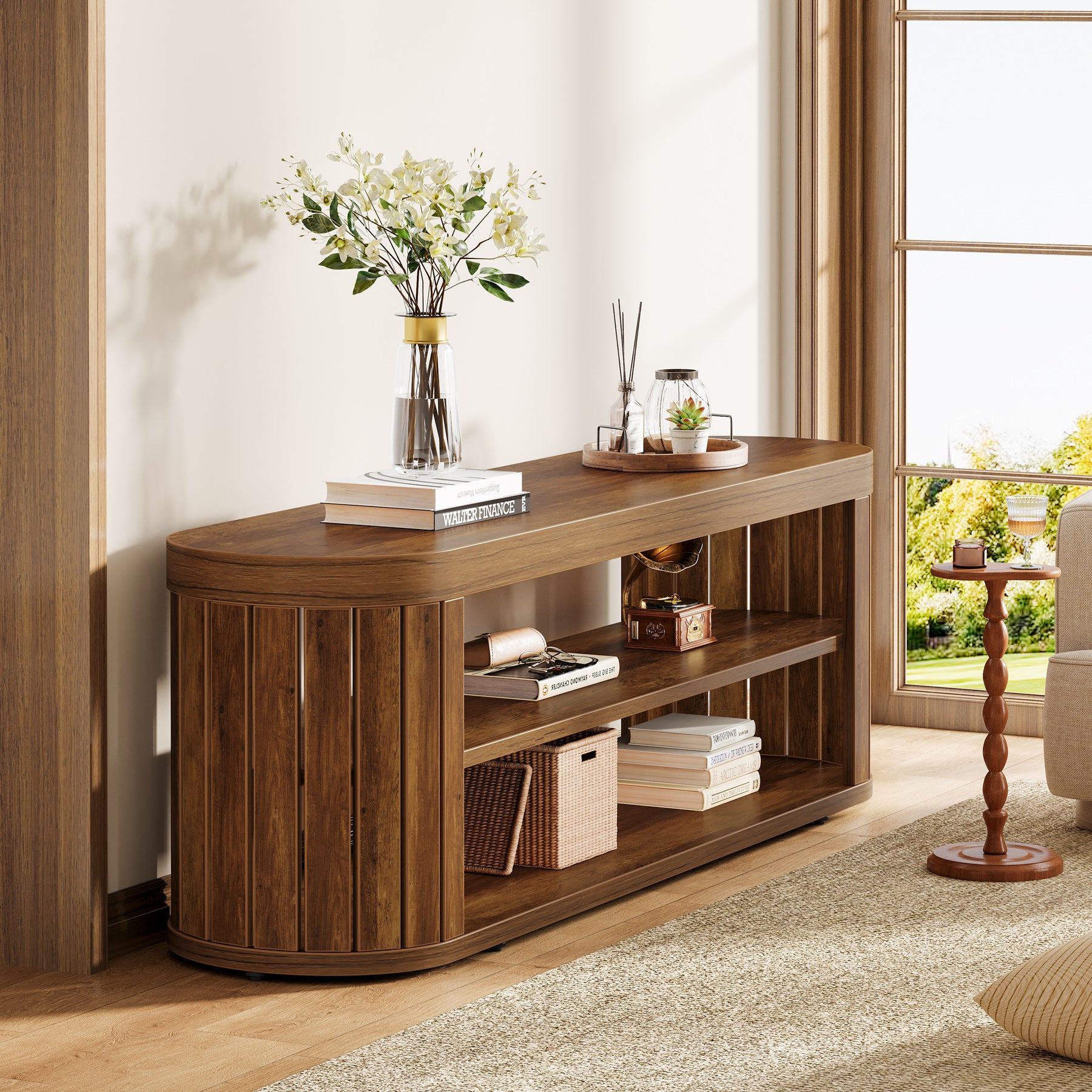 120 cm TV Meubel voor TV tot 55 Inch, Ovale Media Tafel met 2 Niveaus Opbergruimte voor Woonkamer Slaapkamer