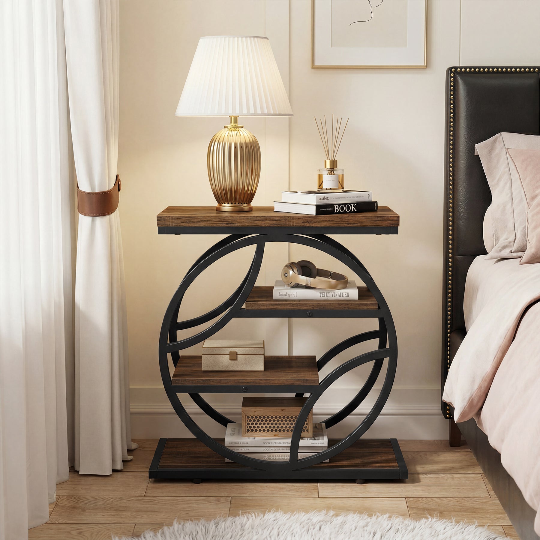 64 cm Smalle Bijzettafel met 4 Niveaus Opbergruimte, Industriële Nachtkast met Metalen Frame voor Woonkamer Slaapkamer