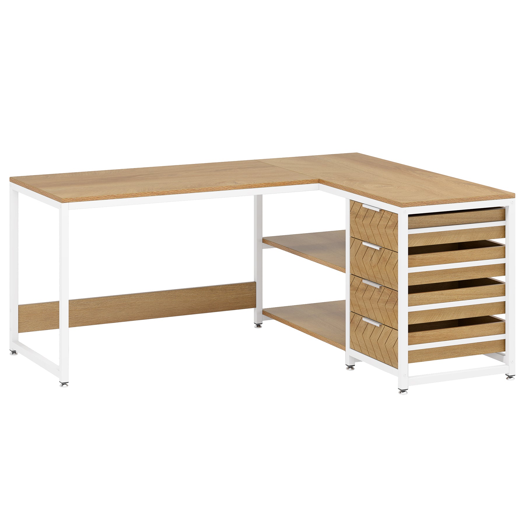 150 cm L-vormig Bureau, Met 4 Laden en 2 Planken voor Kantoor en Werkkamer