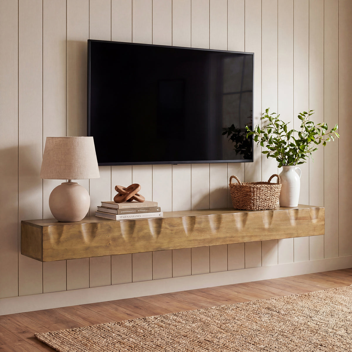 160 cm Tribesigns zwevende tv-plank van massief hout, rustieke wandplank voor media-apparatuur in de woonkamer