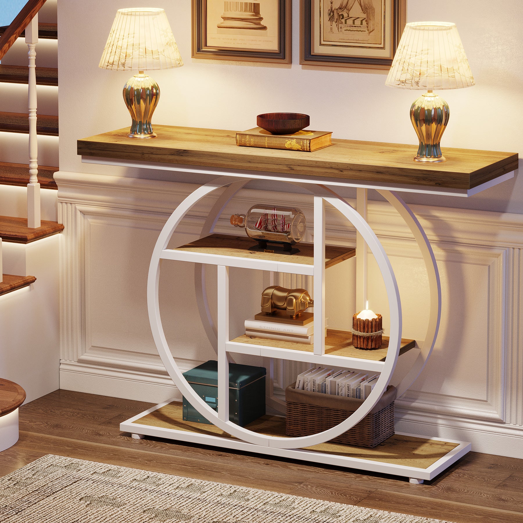 105 cm Industriële Console, 4 Planken met Ronde Basis voor Hal en Woonkamer