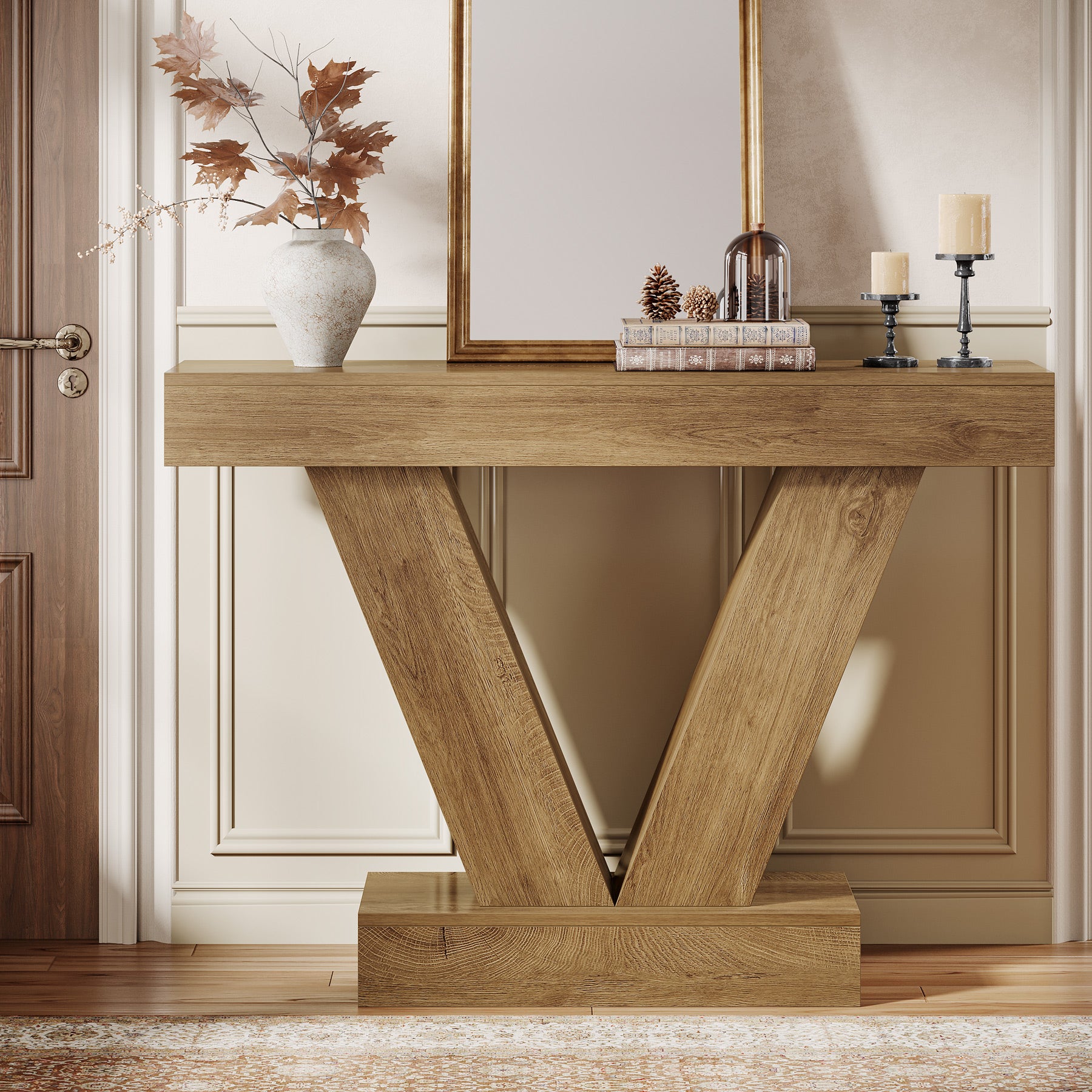 105 cm Consoletafel met V-vormige Poten, Smalle Haltafel voor Woonkamer en Entree in Bruin