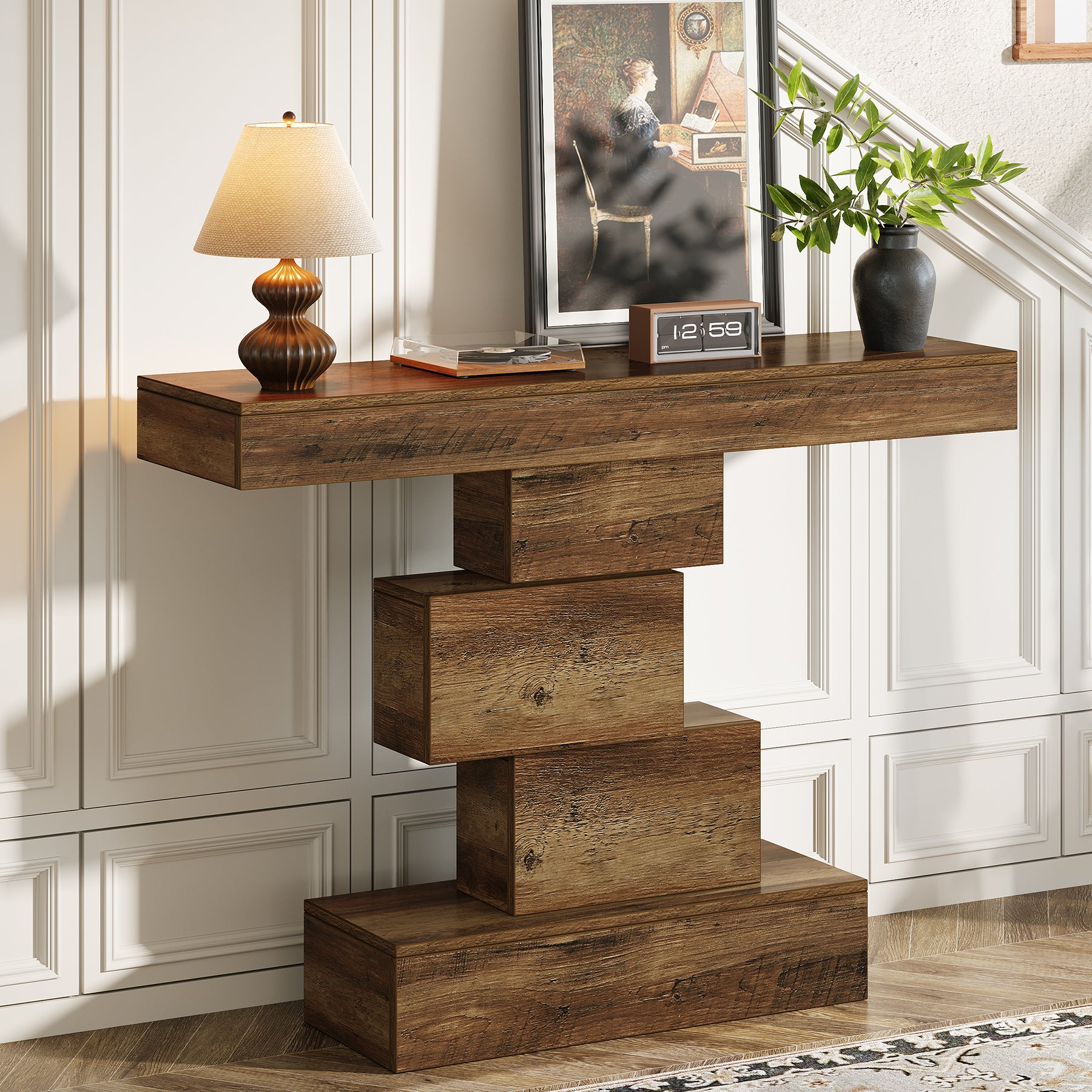 108 cm Landelijke Console, Industriële Bijzettafel met Geometrische Basis voor Hal en Woonkamer