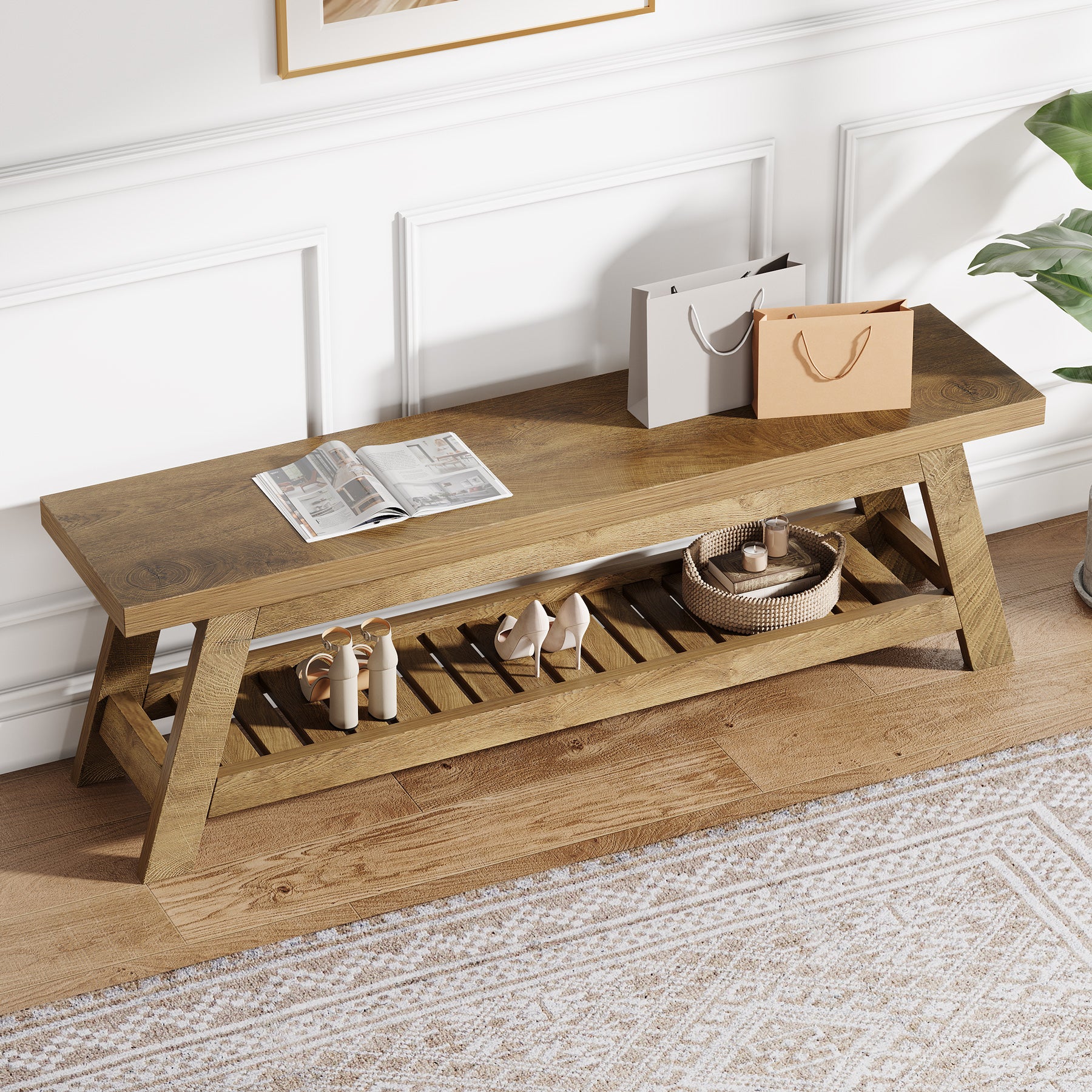140 cm Houten Halbank met Opbergruimte, Smalle Schoenenbank met 2 Planken