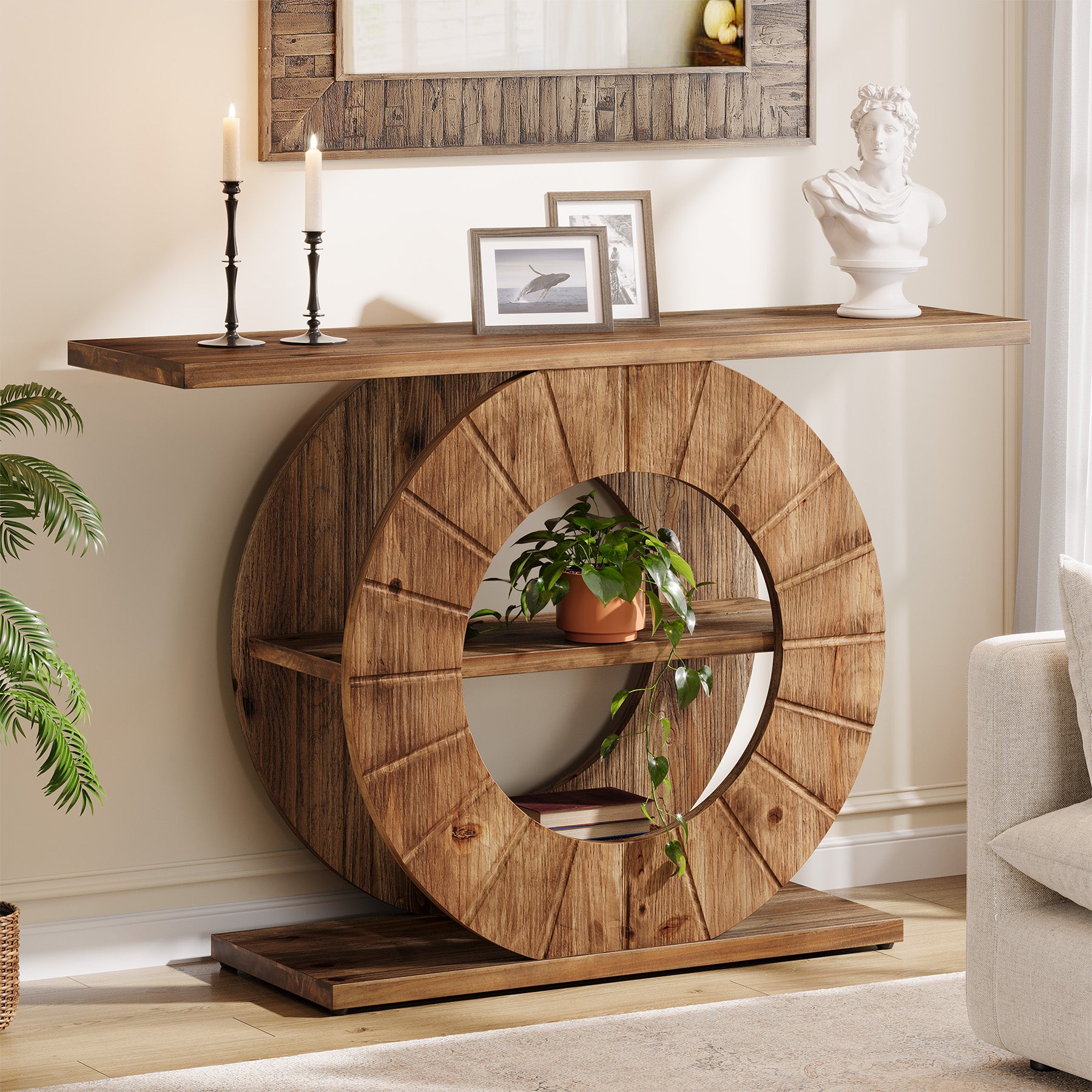 105 cm Massief Houten Consoletafel met 3 Planken en Ronde Basis