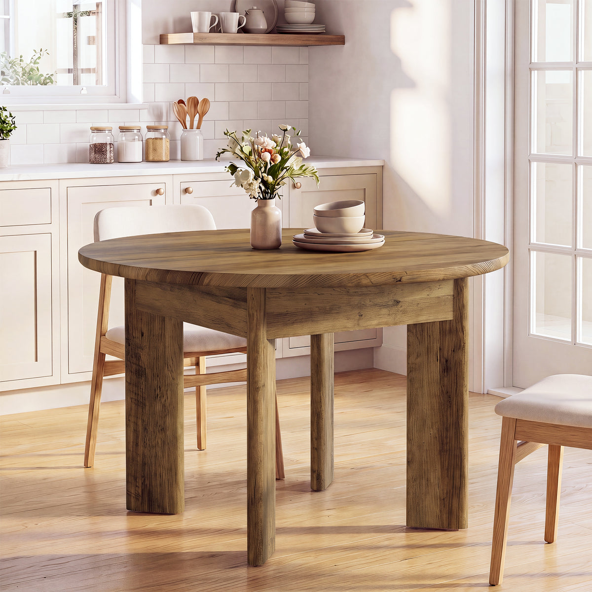 100 cm ronde eettafel voor 4 personen met dikke gebogen poten, compacte keukentafel in landelijke stijl voor eetkamer