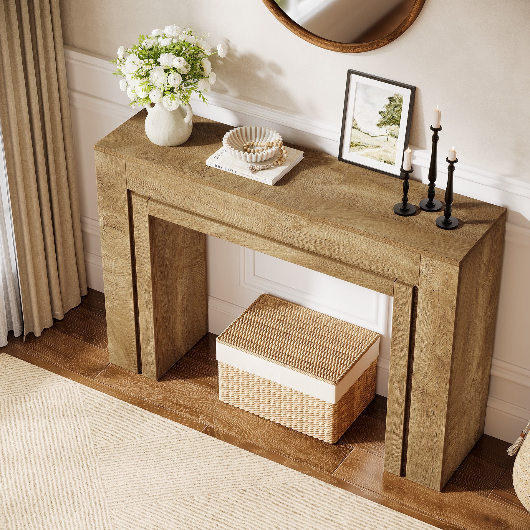 105 cm Landelijke Consoletafel met Dubbele Basis, Smalle Entreetafel voor Hal Woonkamer en Foyer