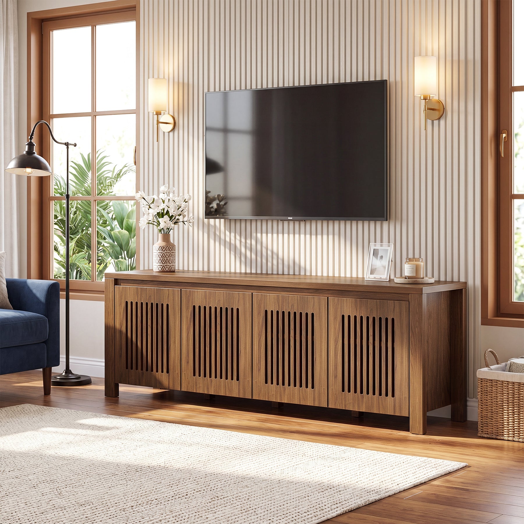 Tribesigns 140 cm TV-Meubel voor TV's tot 65 Inch, TV-Kast met Lamellendeuren en 8 Opbergvakken