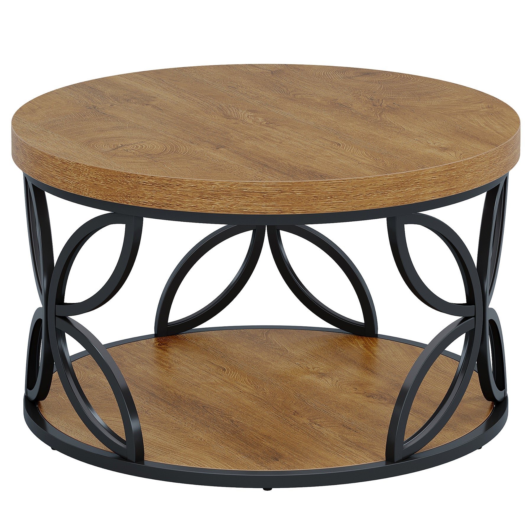 80 cm Tribesigns ronde salontafel met 2-laagse opbergruimte, landelijke woonkamertafel met houtlook en metalen frame voor woonkamer