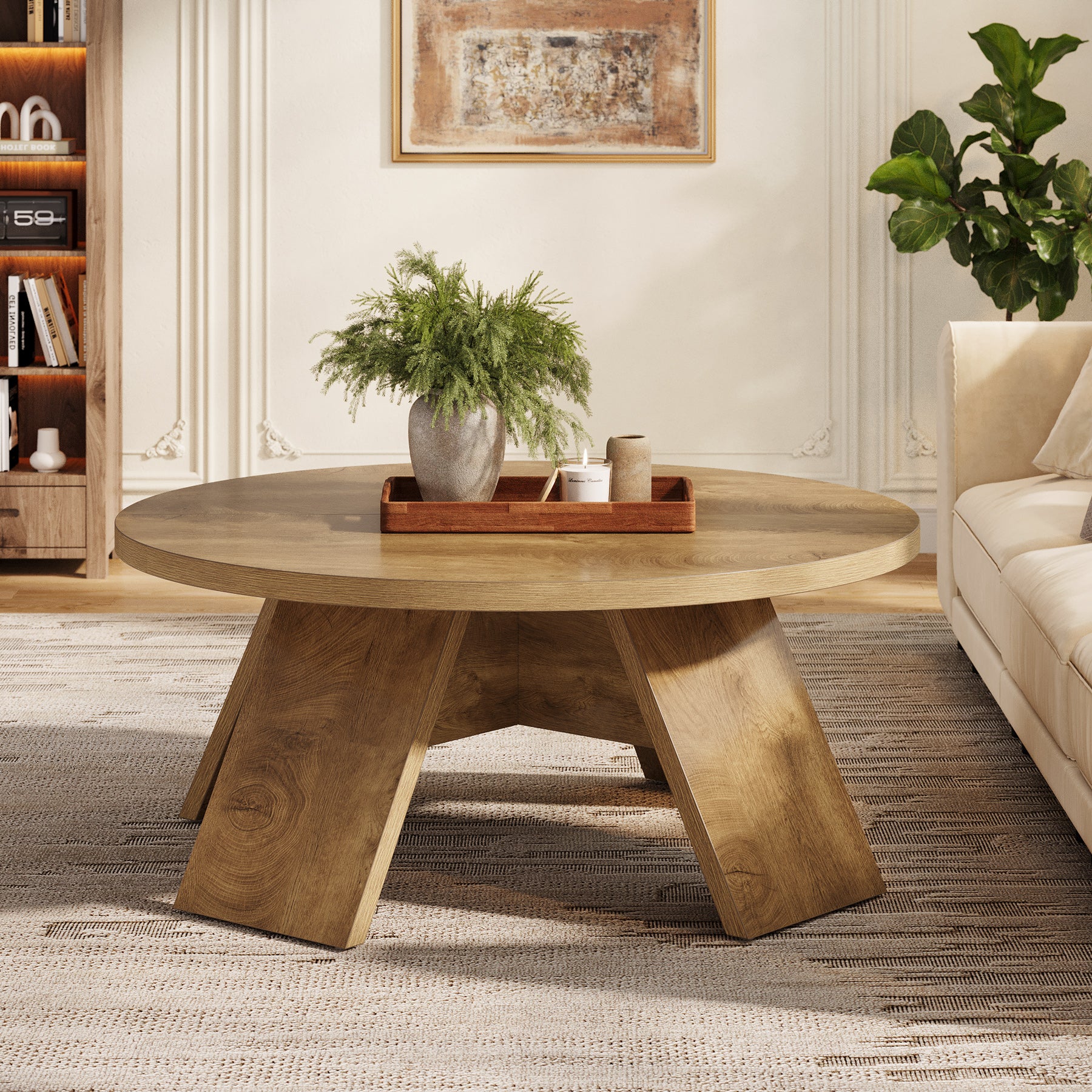 100 cm Ronde Houten Salontafel met Gespreide Poten, Modern Accent Tafel voor Woonkamer