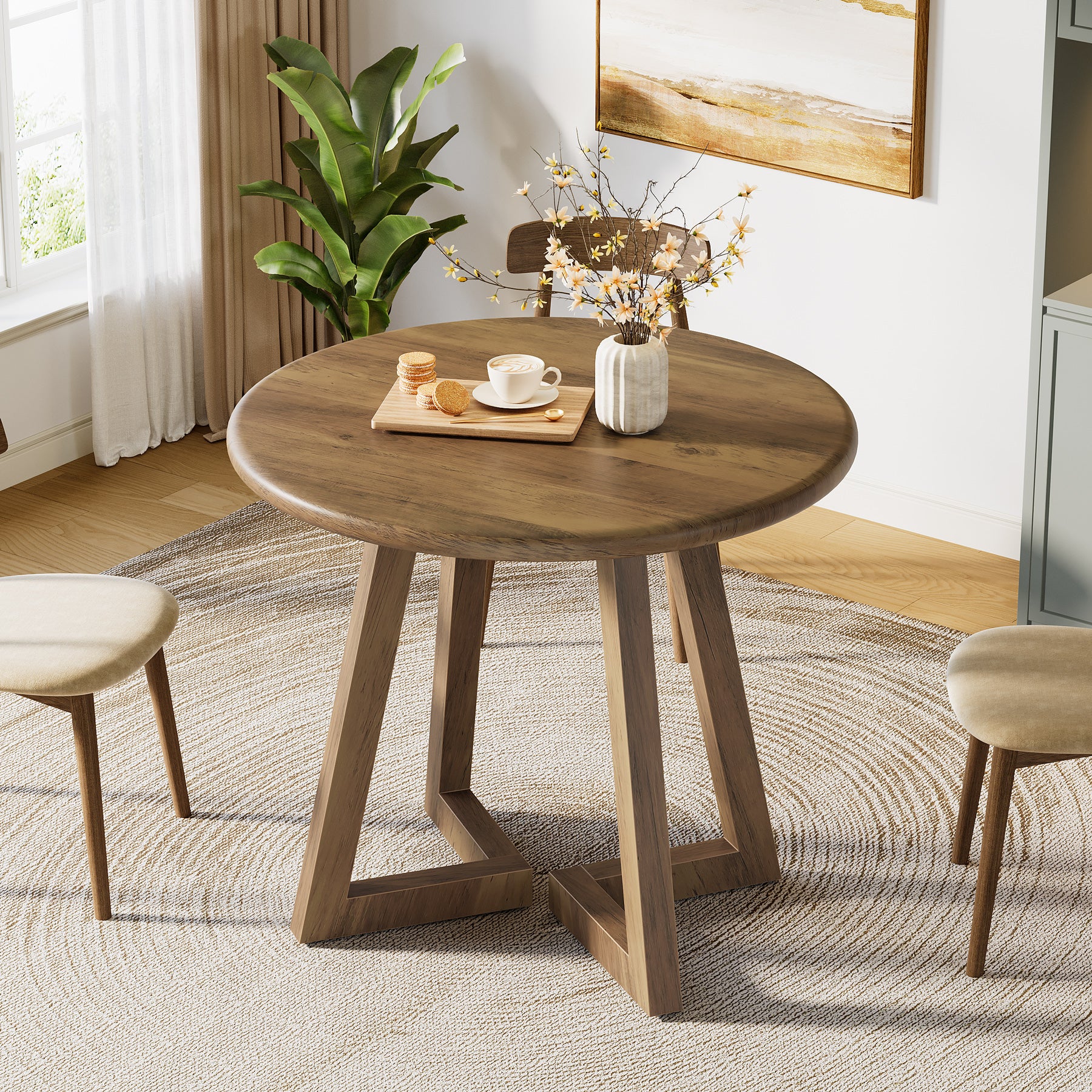 80 cm Ronde Eettafel, Bruine Keukentafel voor Twee tot Vier Personen