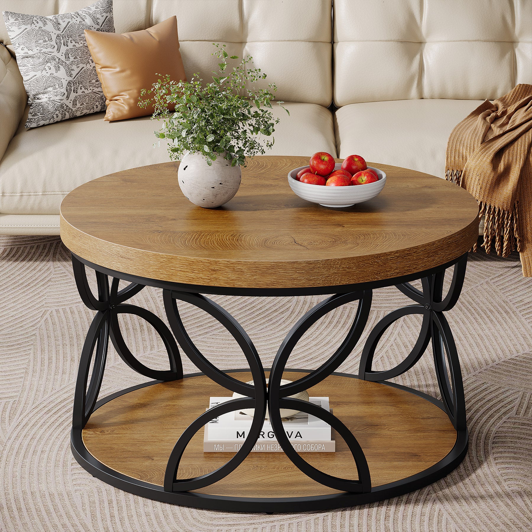 80 cm Tribesigns ronde salontafel met 2-laagse opbergruimte, landelijke woonkamertafel met houtlook en metalen frame voor woonkamer