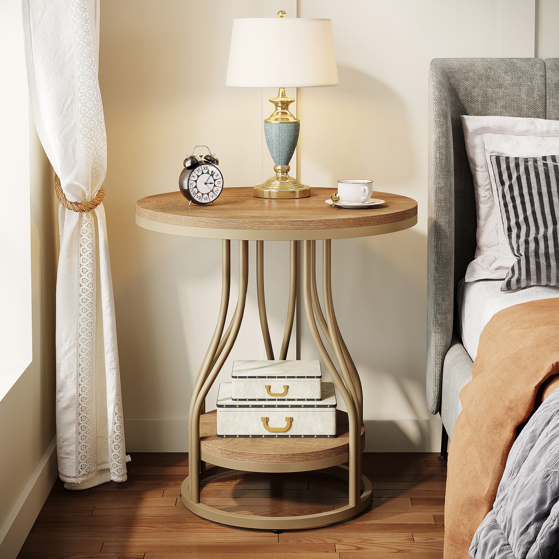Tribesigns Ronde 2-Laagse Bijzettafel, Modern Nachtkastje met Metaal Frame