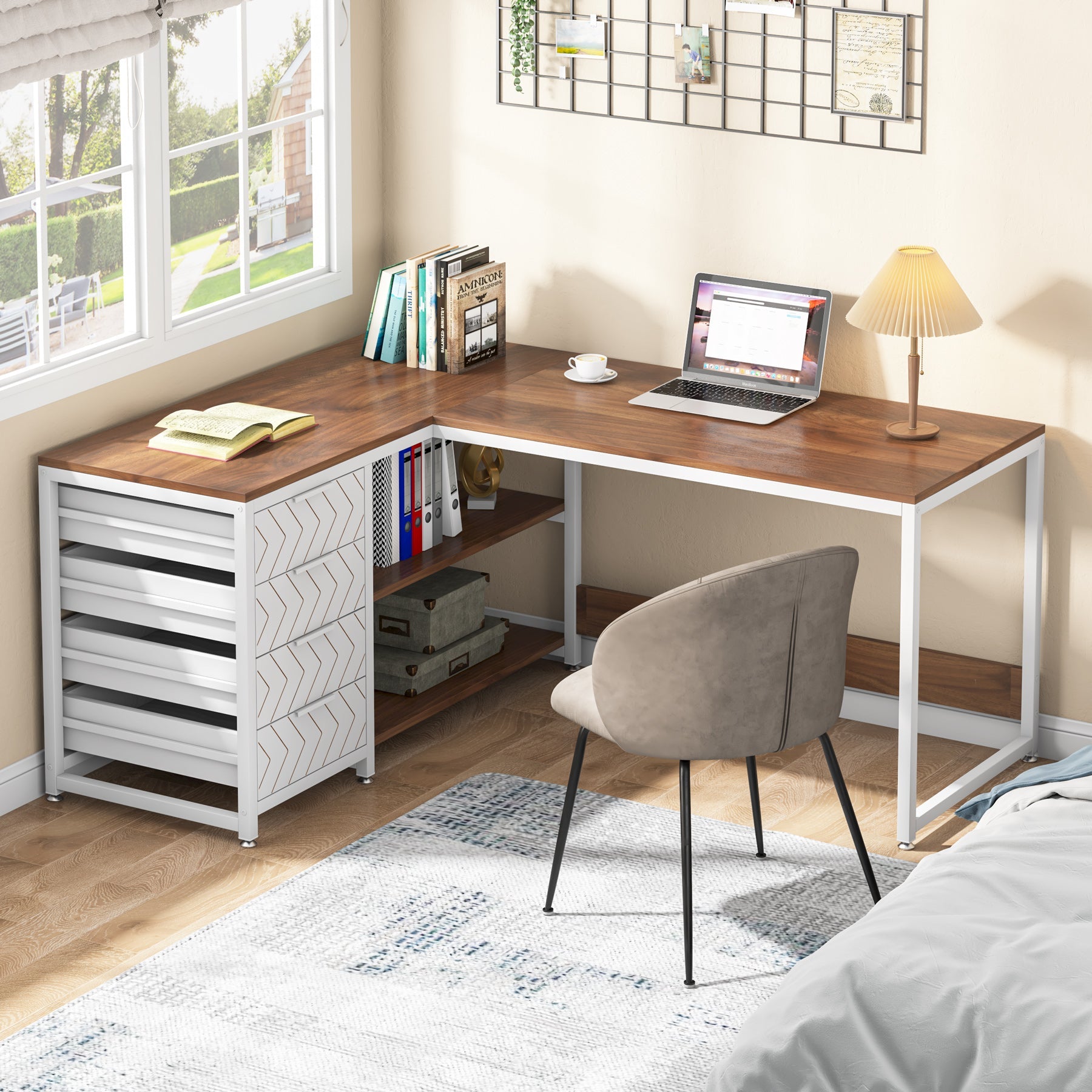 150 cm L-vormig Bureau, Met 4 Laden en 2 Planken voor Kantoor en Werkkamer