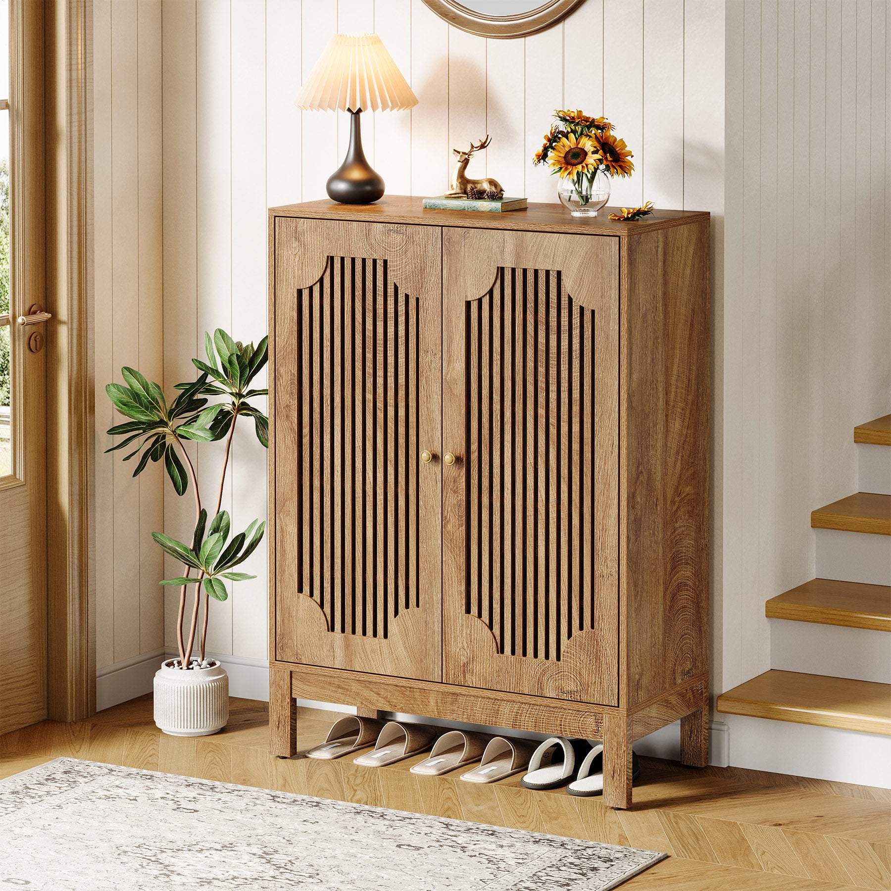 110 cm Tribesigns Schoenenkast met Lamellendeuren, Houten Schoenenrek voor Entree en Hal