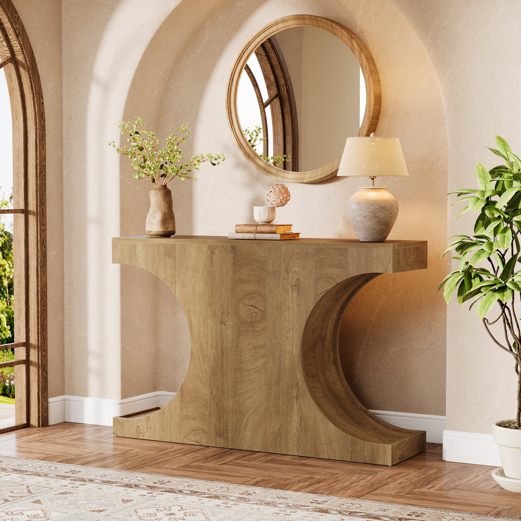 120 cm Landelijke Consoletafel met C-Vormige Poten, Smalle Haltafel van Hout Bruin voor Woonkamer