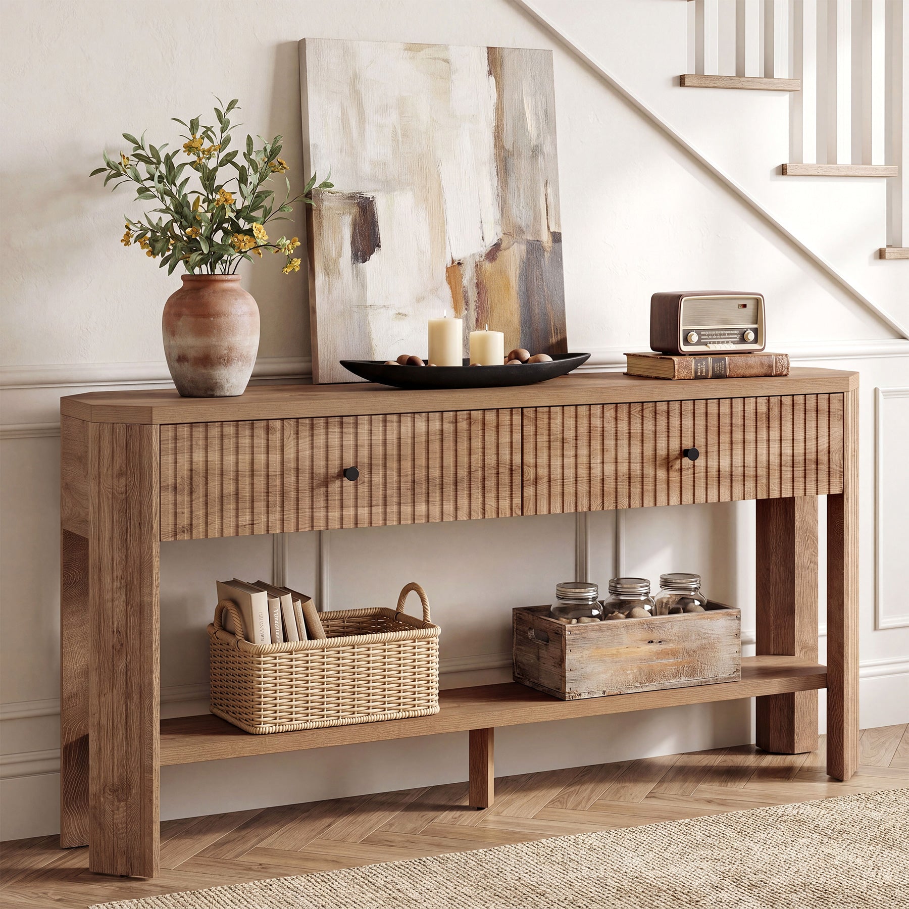 150 x 30 x 80 cm Tribesigns haltafel met 2 lades en open plank, smalle consoletafel voor entree en gang