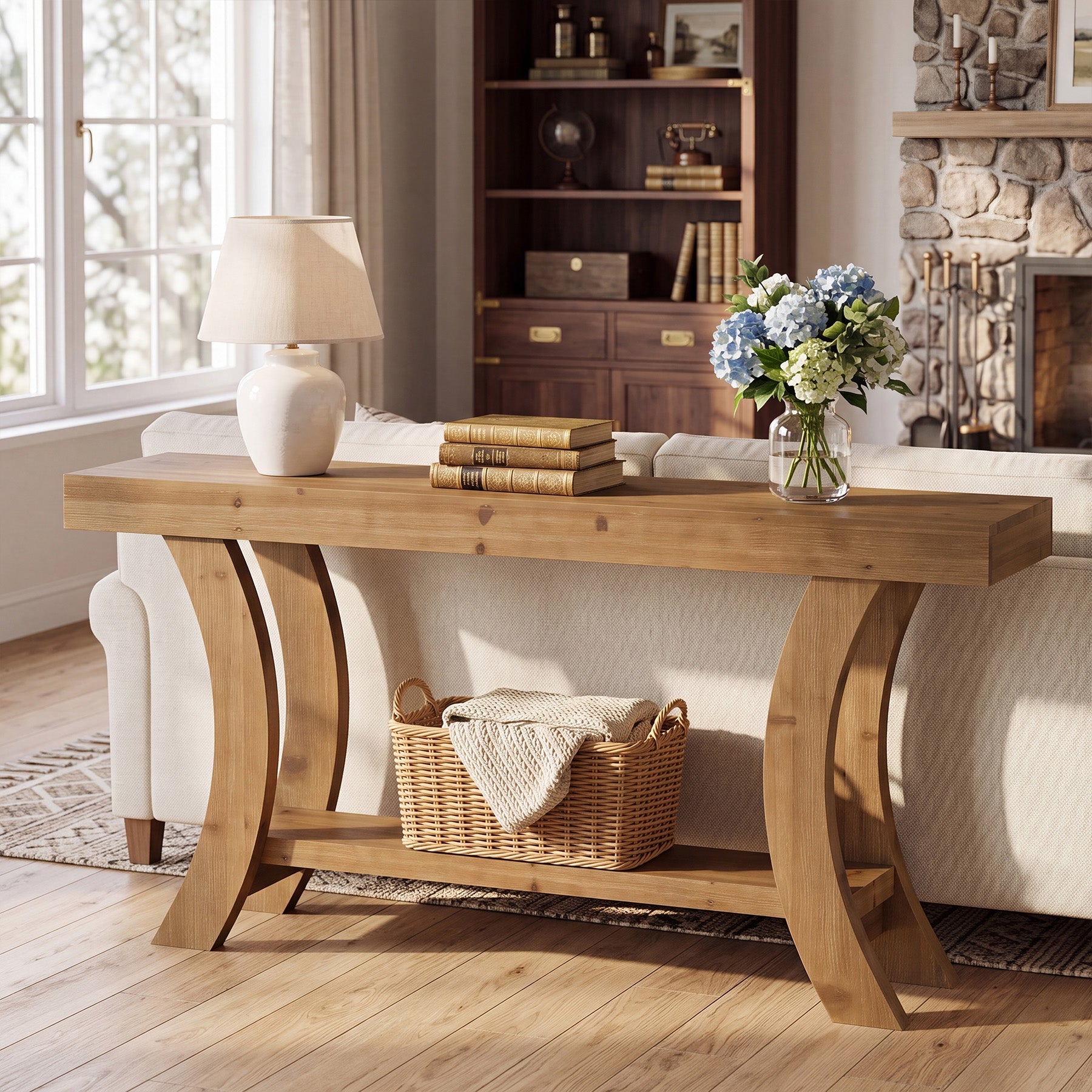 Tribesigns massief houten consoletafel 160 cm, haltafel met opbergruimte en gebogen boogvormig frame