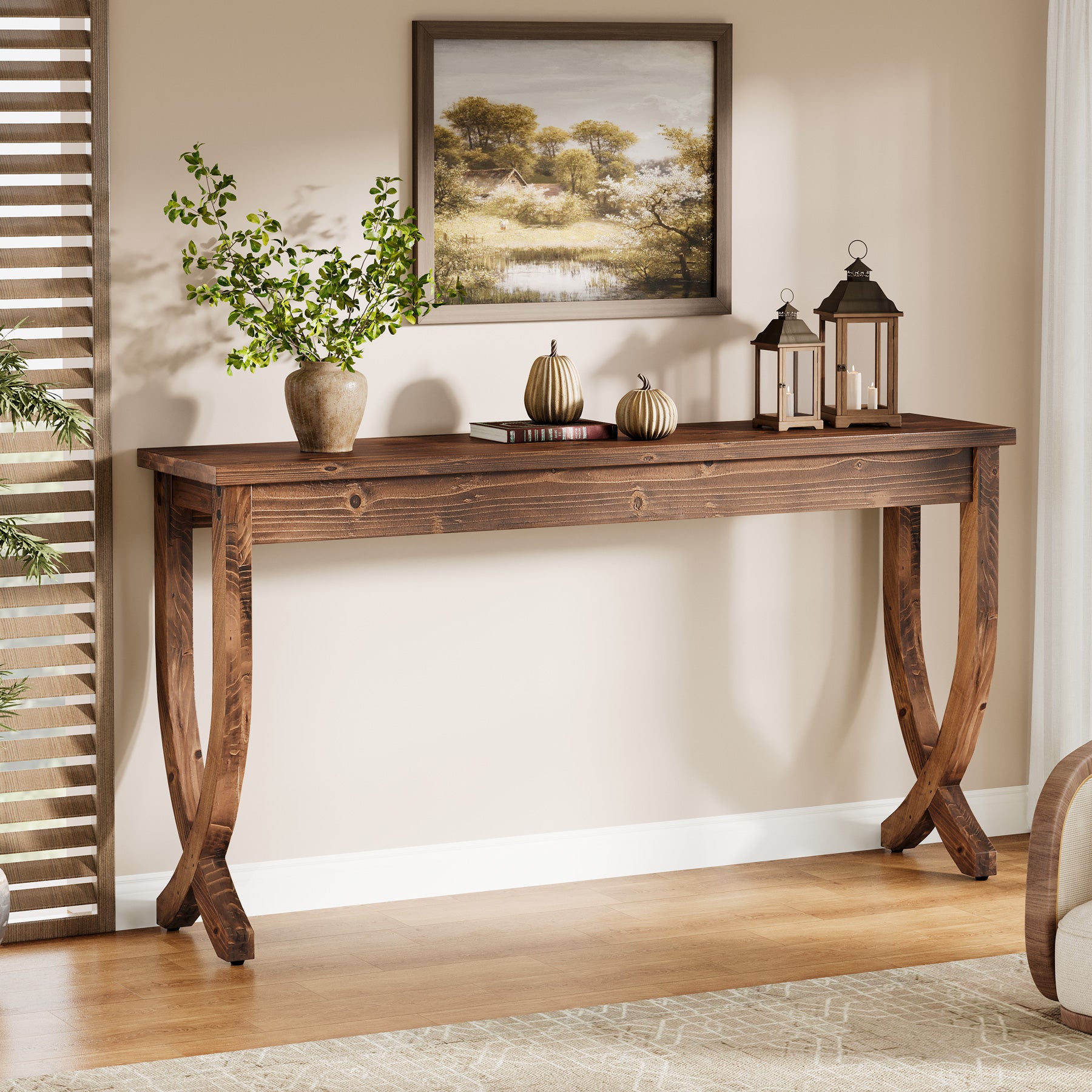 160 cm Massief Houten Consoletafel in Landelijke Stijl, Lange Haltafel voor Woonkamer