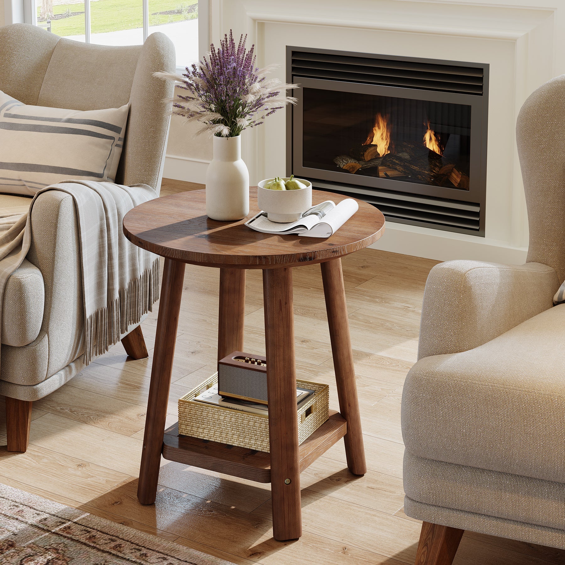 60 cm ronde massief houten bijzettafel, 2-laags landelijke opbergplank in walnootkleur