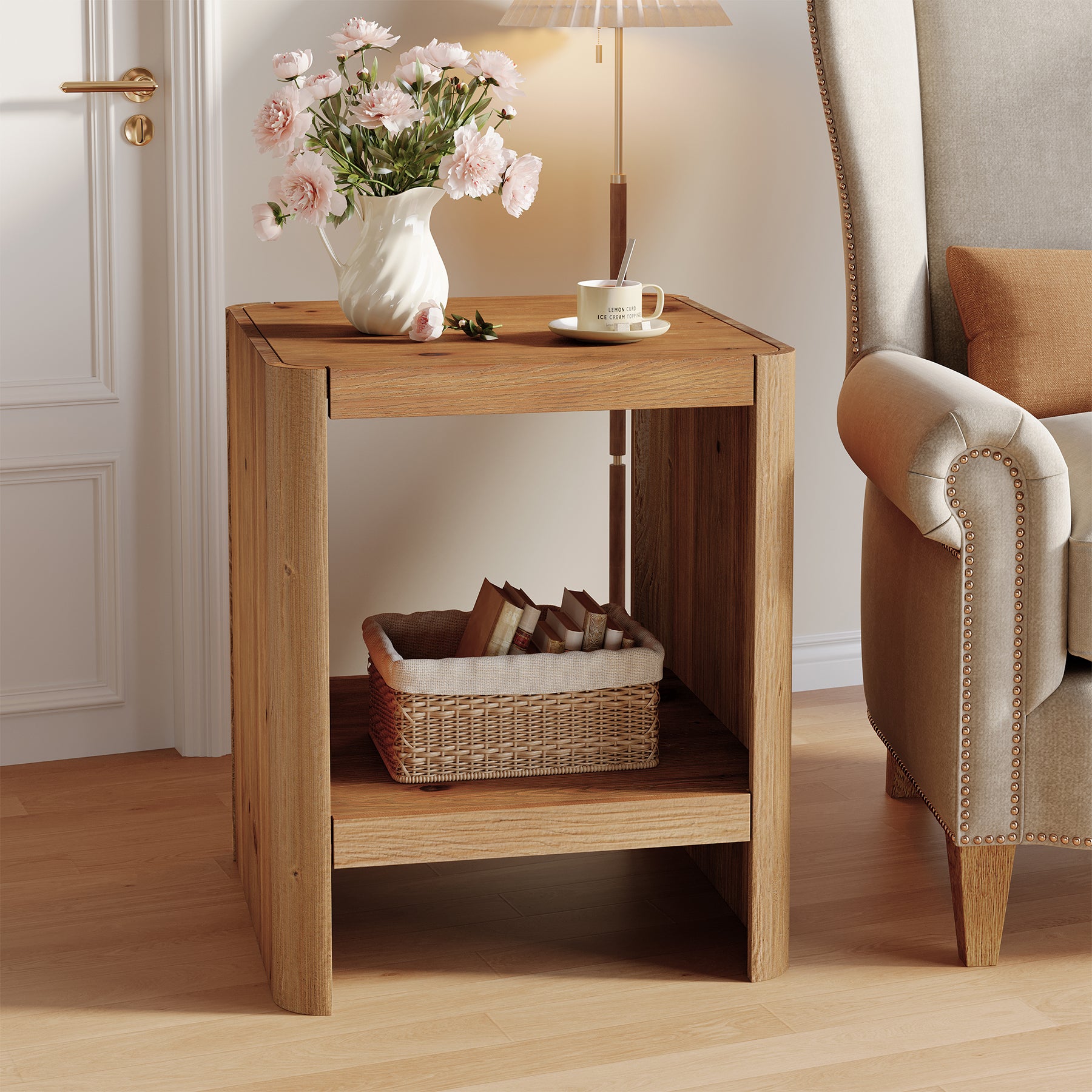 50 cm Bijzettafel met 2 Niveaus en Opbergrek, Massief Houten Tafel voor Woonkamer en Slaapkamer