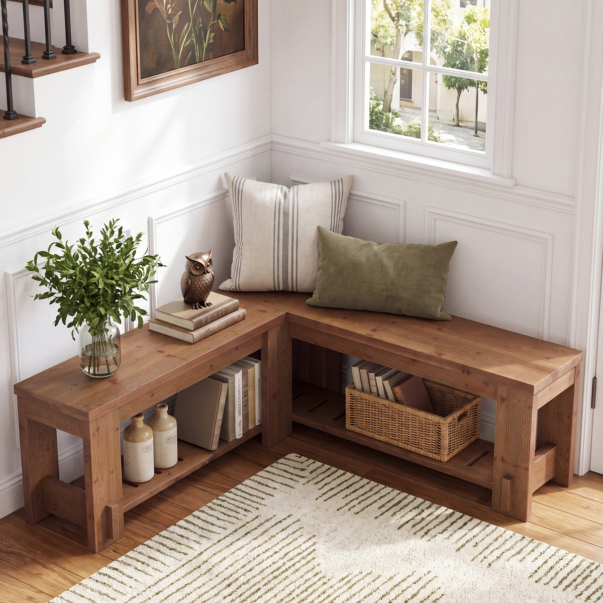 Tribesigns 120 x 45 cm L-vormige schoenenbank, massief hout met ruime open opbergplank voor hal en entree