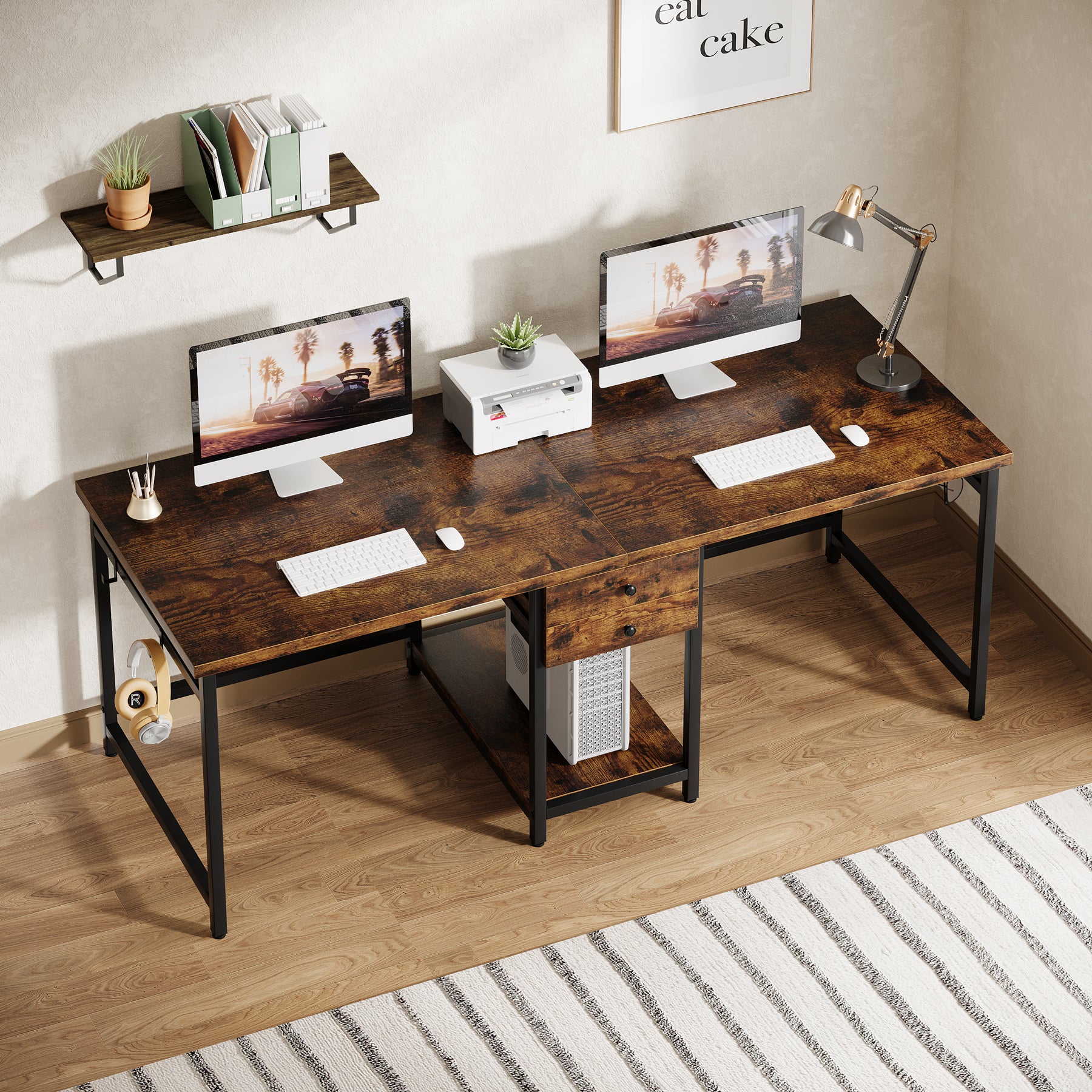 200 cm Tribesigns dubbel bureau met 2 lades en planken, industrieel werkbureau voor kantoor en studie