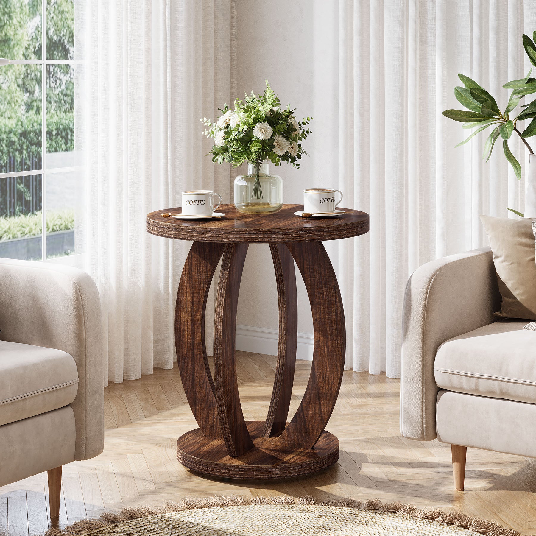 60 cm Compacte ronde bijzettafel met opbergruimte, landelijk tafeltje voor kleine ruimtes