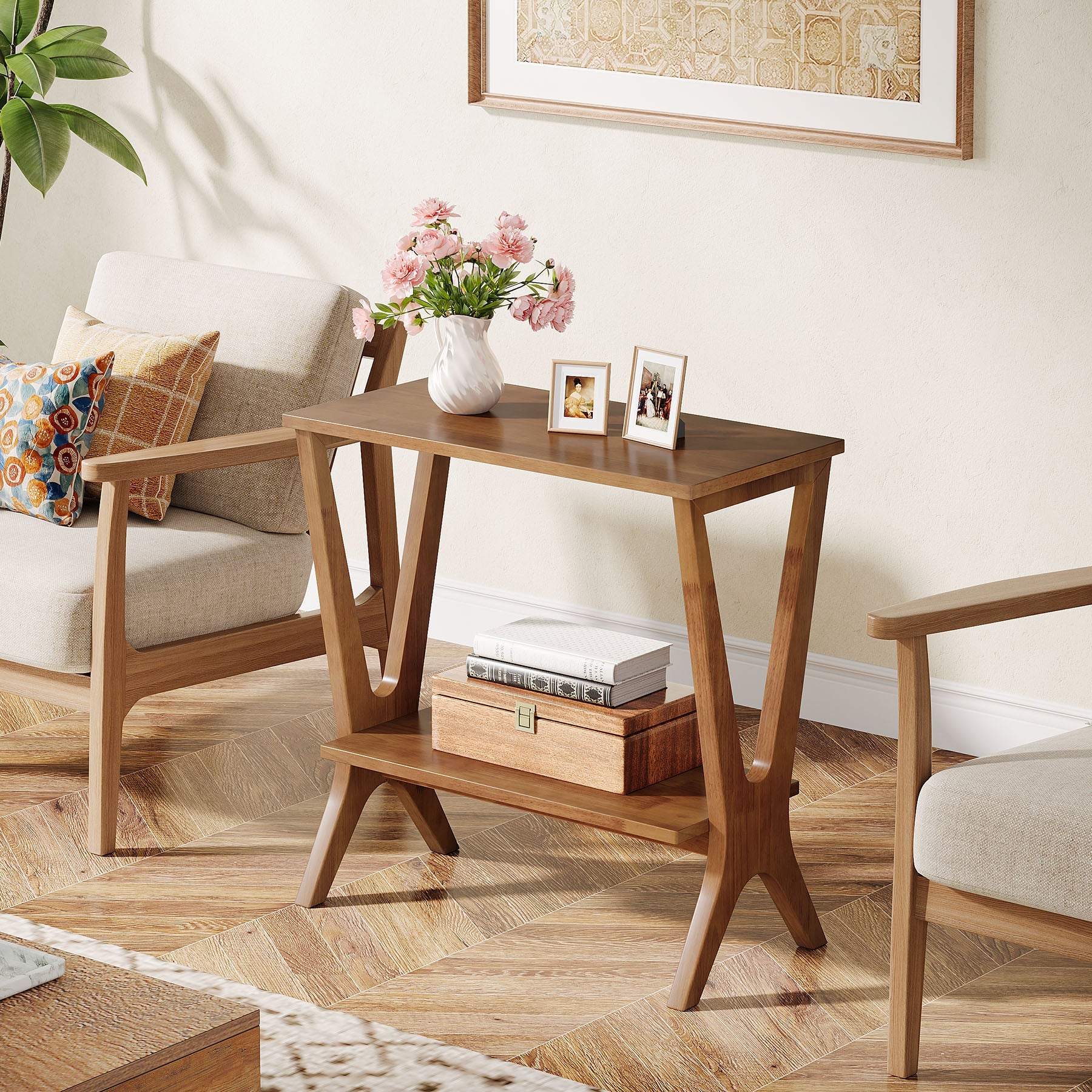 Tribesigns 60 cm bijzettafel van massief hout met 2 planken, smal nachtkastje voor woonkamer & slaapkamer