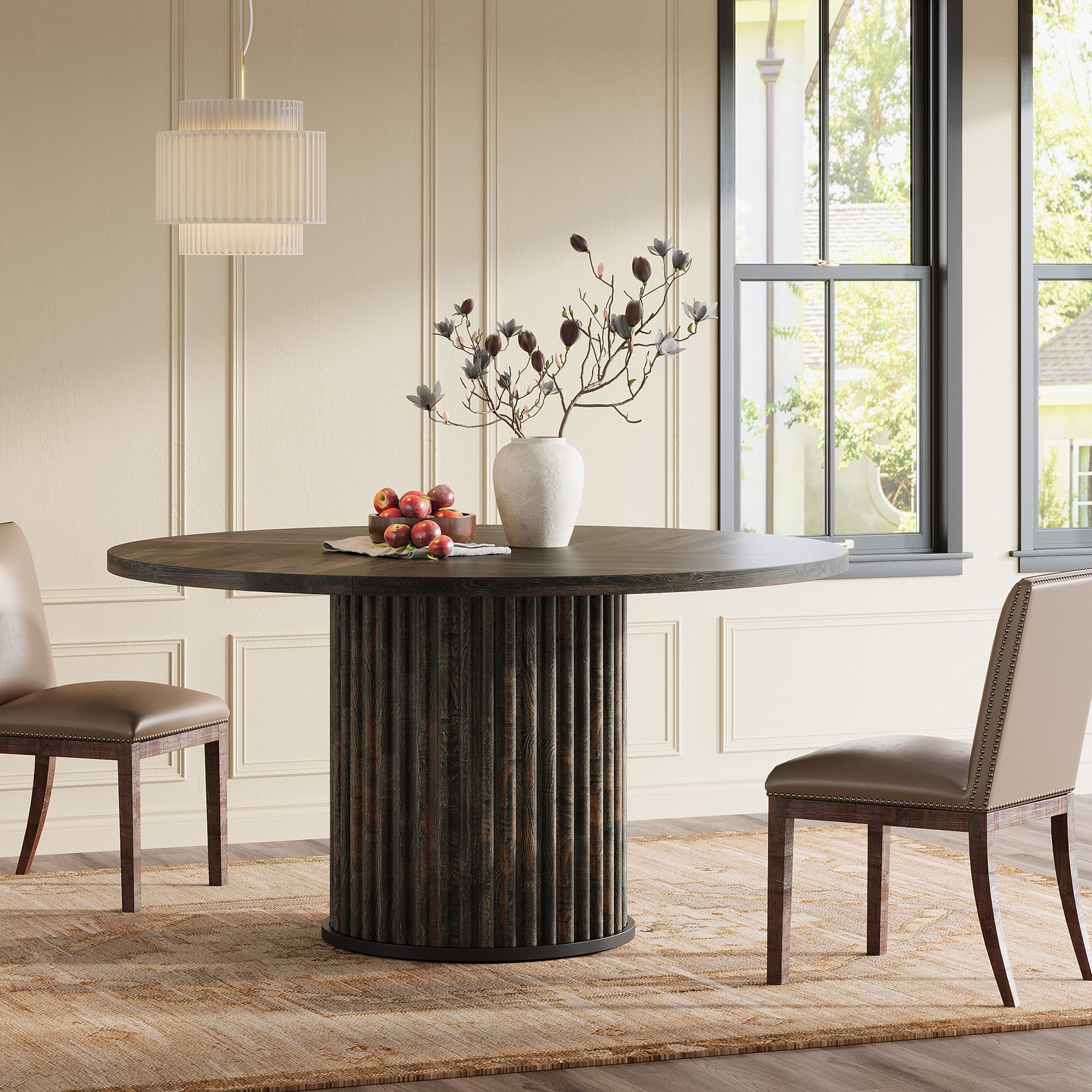 120 cm Zwarte Ronde Eettafel voor 4-6 Personen, Moderne Keukentafel met Metalen Basis