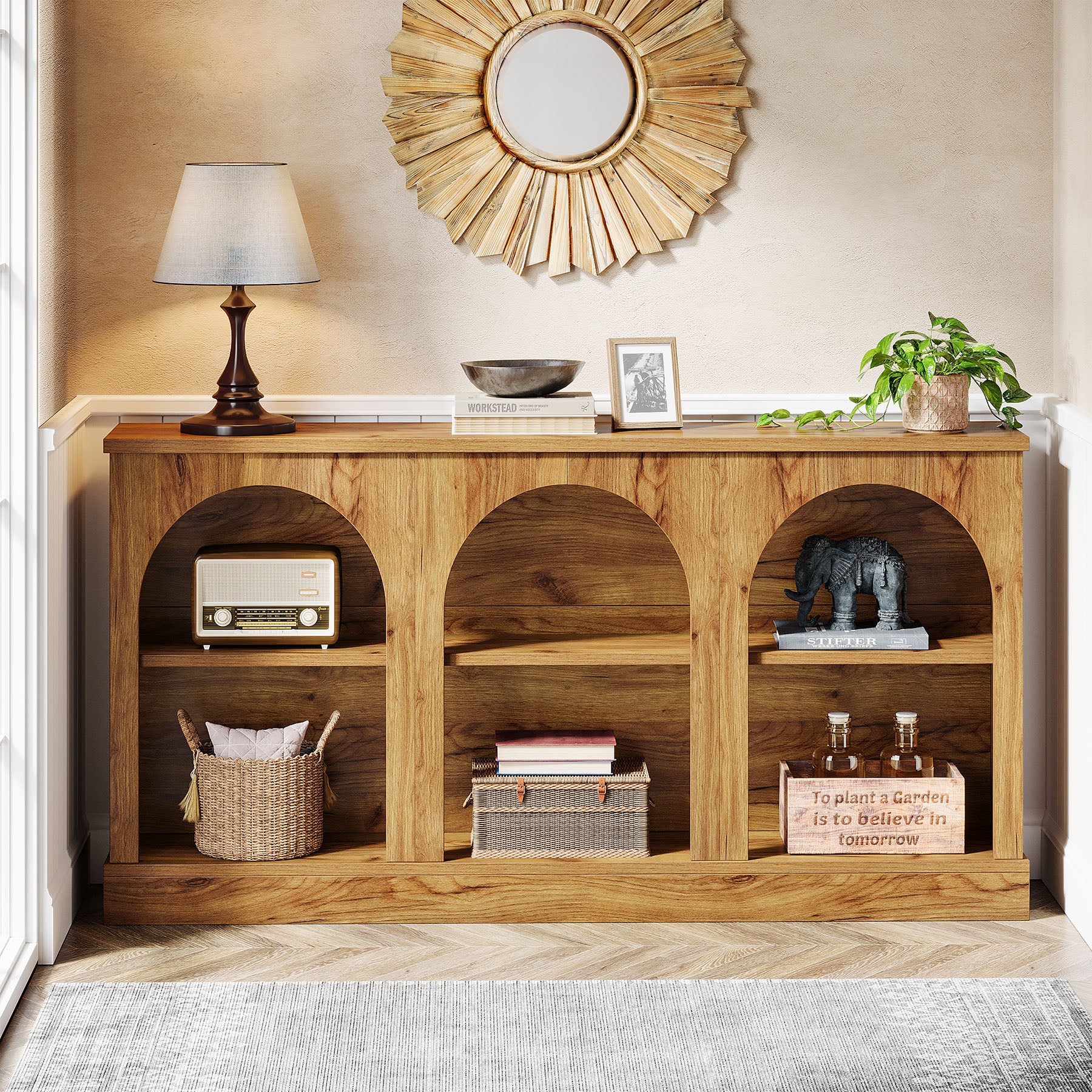 160 cm Boerderij Console, Lange Houten Tafel met Drie Planken voor Hal en Woonkamer
