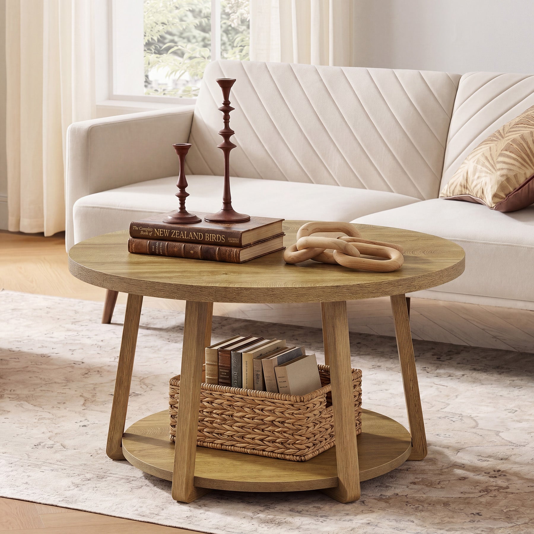 80 x 50 cm Tribesigns Ronde Salontafel, 2-Laagse Houten Bijzettafel met Opbergrek en Houten Poten voor Woonkamer