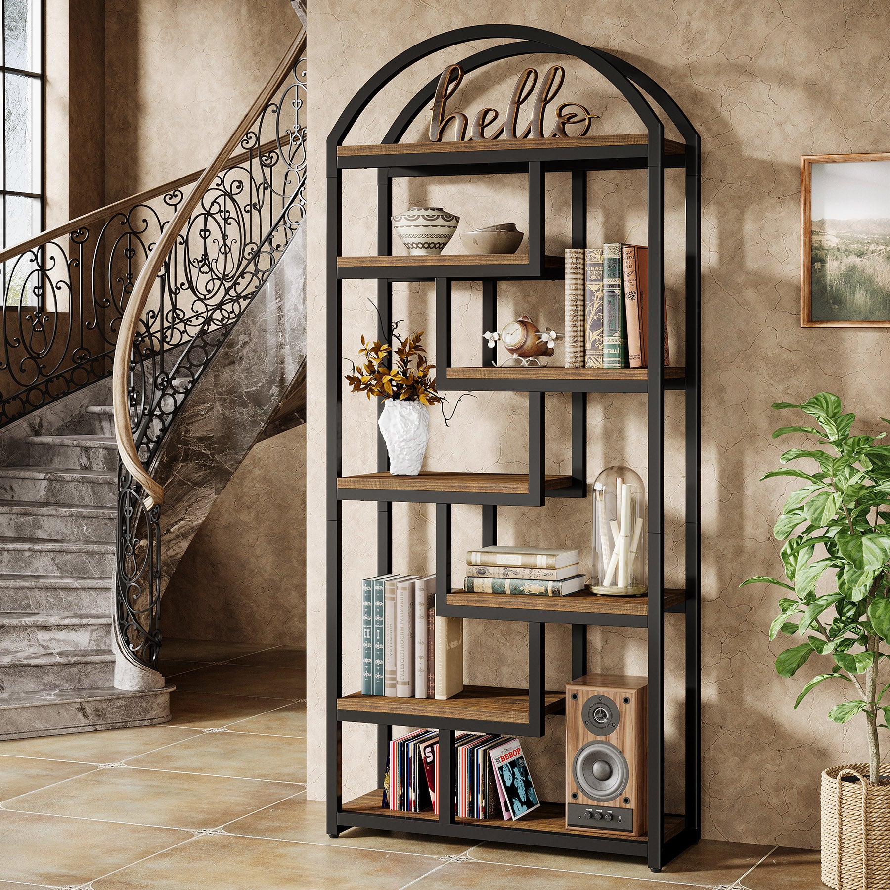 80 cm industriële boekenkast, boogvormige kast met open displayplanken