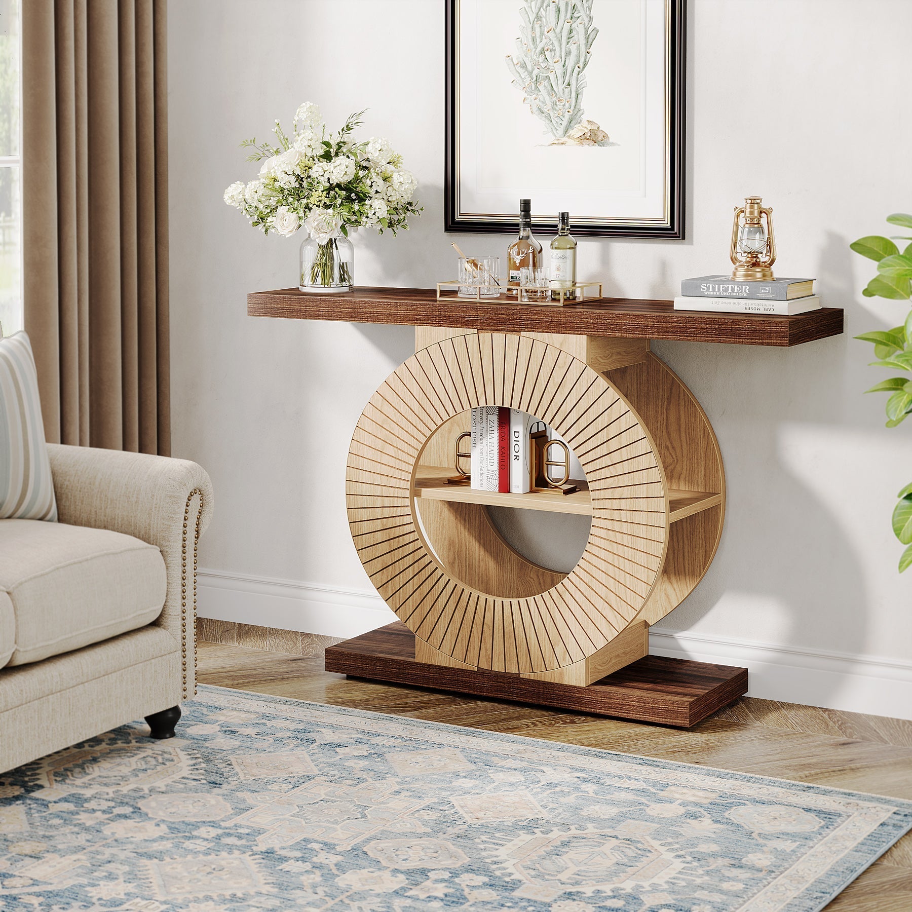 100 cm Houten Console met Opbergplank, Ronde Basis Accenttafel voor Entree en Woonkamer