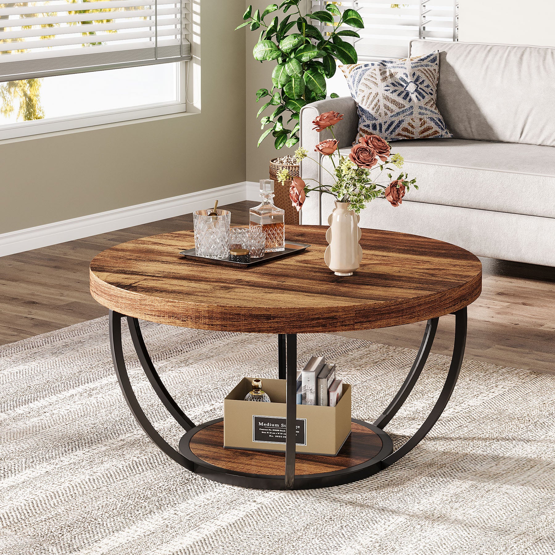 80,5 cm Ronde Industriële Salontafel, Tweelaags Middentafel in Rustiek Bruin en Zwart