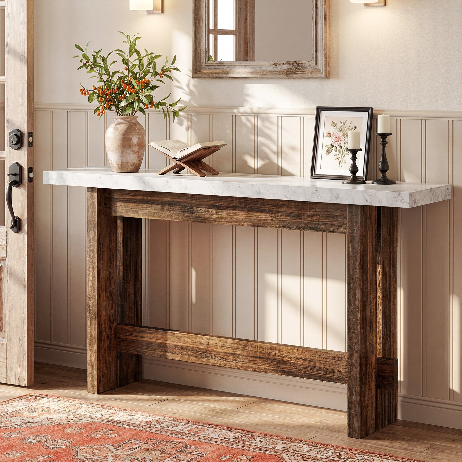 160 cm farmhouse consoletafel met marmerlook blad, smalle sidetable voor entree en woonkamer