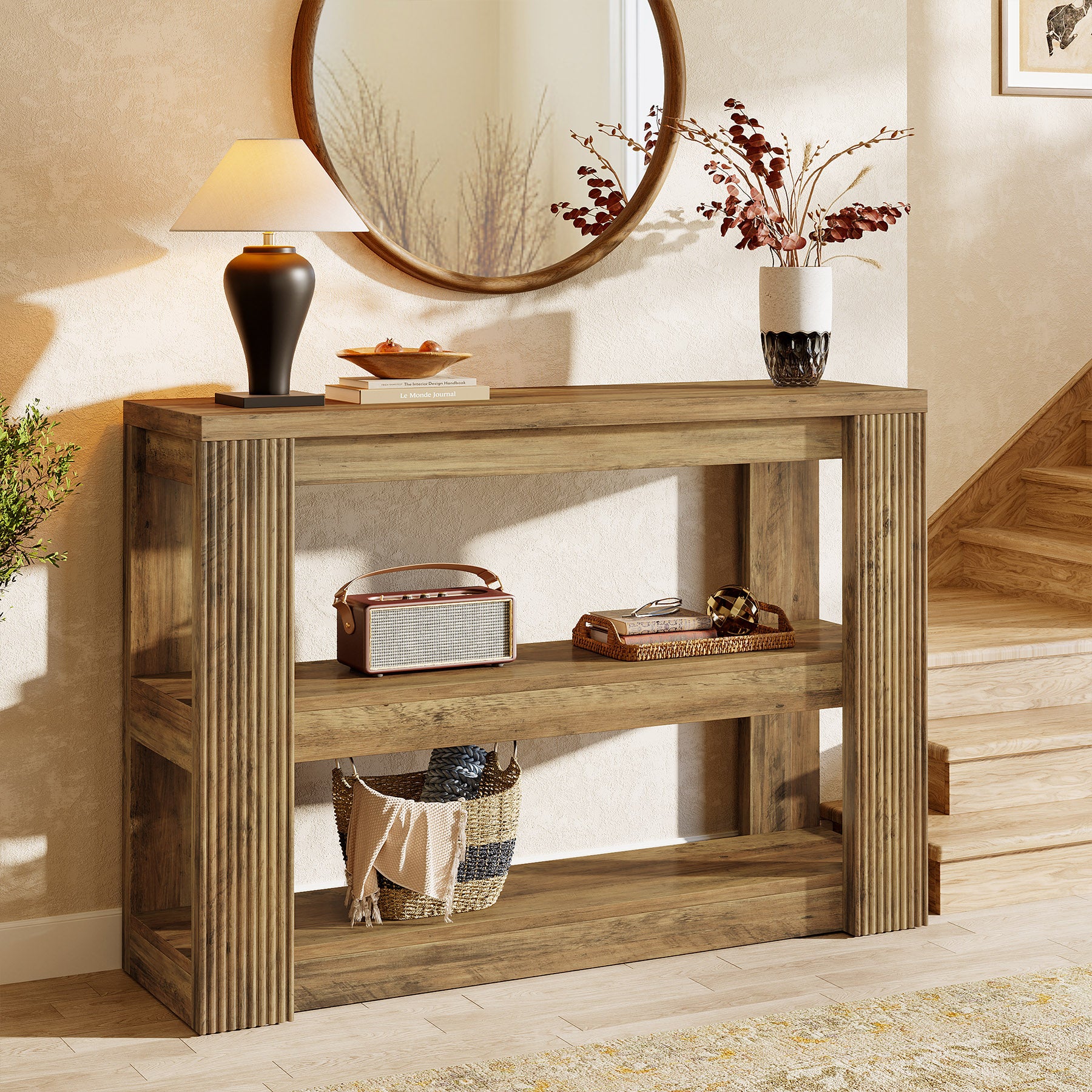 105 cm Landelijke Consoletafel met 3 Planken, Smalle Banktafel