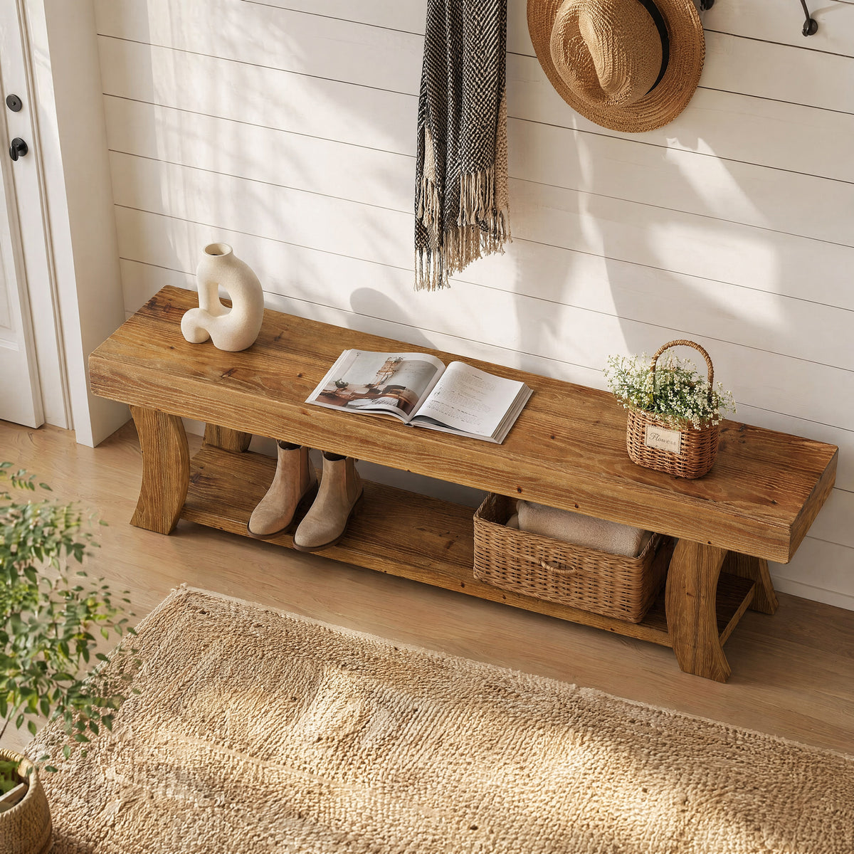 160 cm houten entreebank met opbergrek en massief houten design, landelijke schoenenbank voor hal en woonkamer