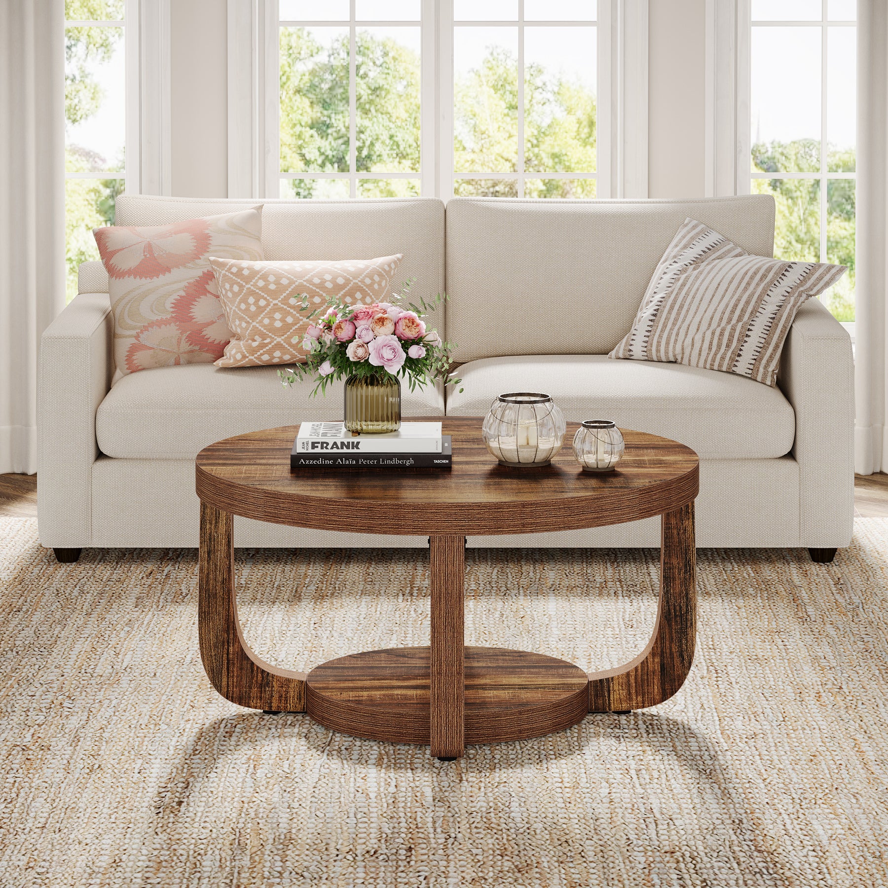 Ronde Salontafel van 80 cm met 2 Lagen en Opbergruimte, Moderne Houten Accenttafel in Rustiek Bruin voor Woonkamer