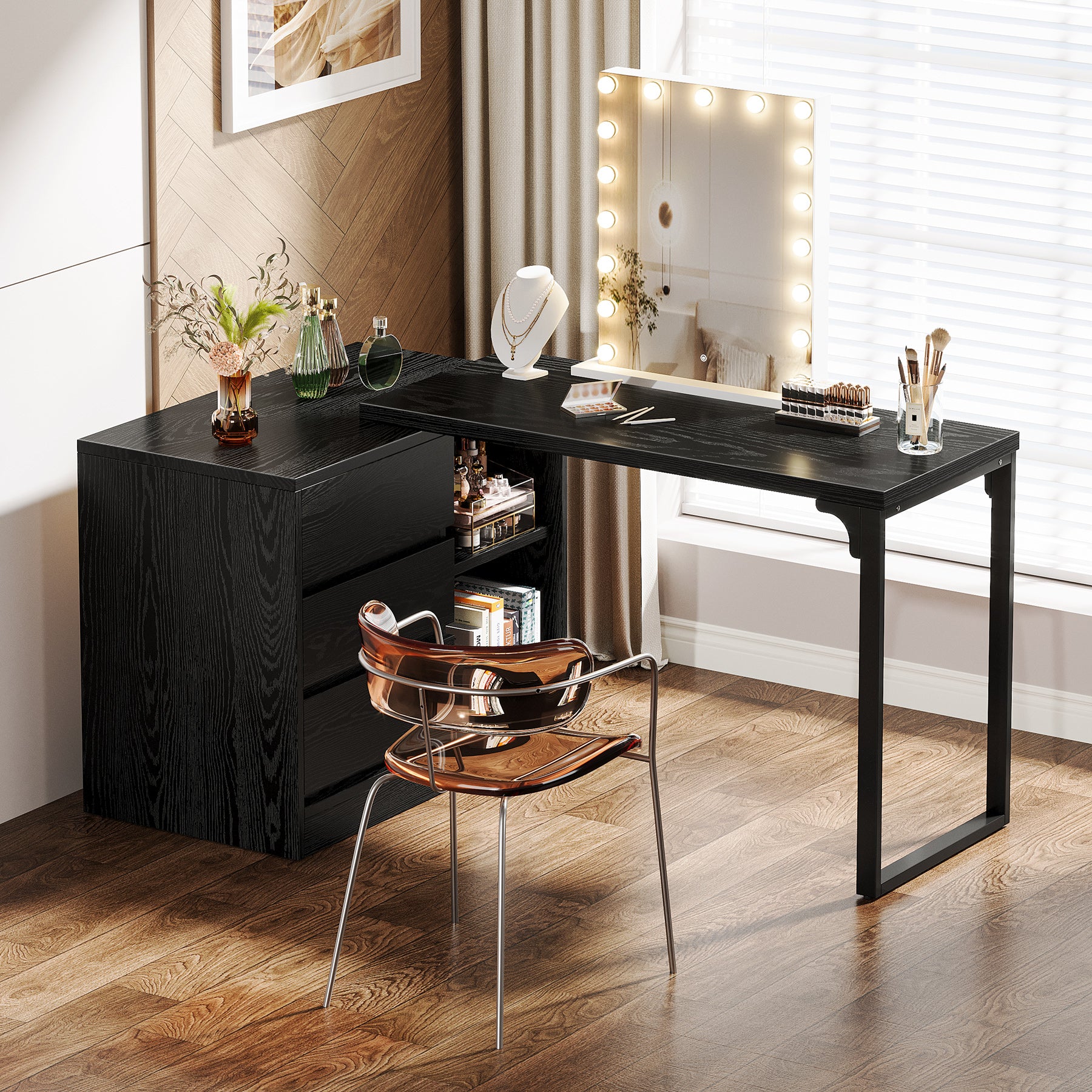 100 cm Kaptafel met 3 Laden en 2 Planken, Hoek Schminktafel met Opbergkast Zonder Spiegel