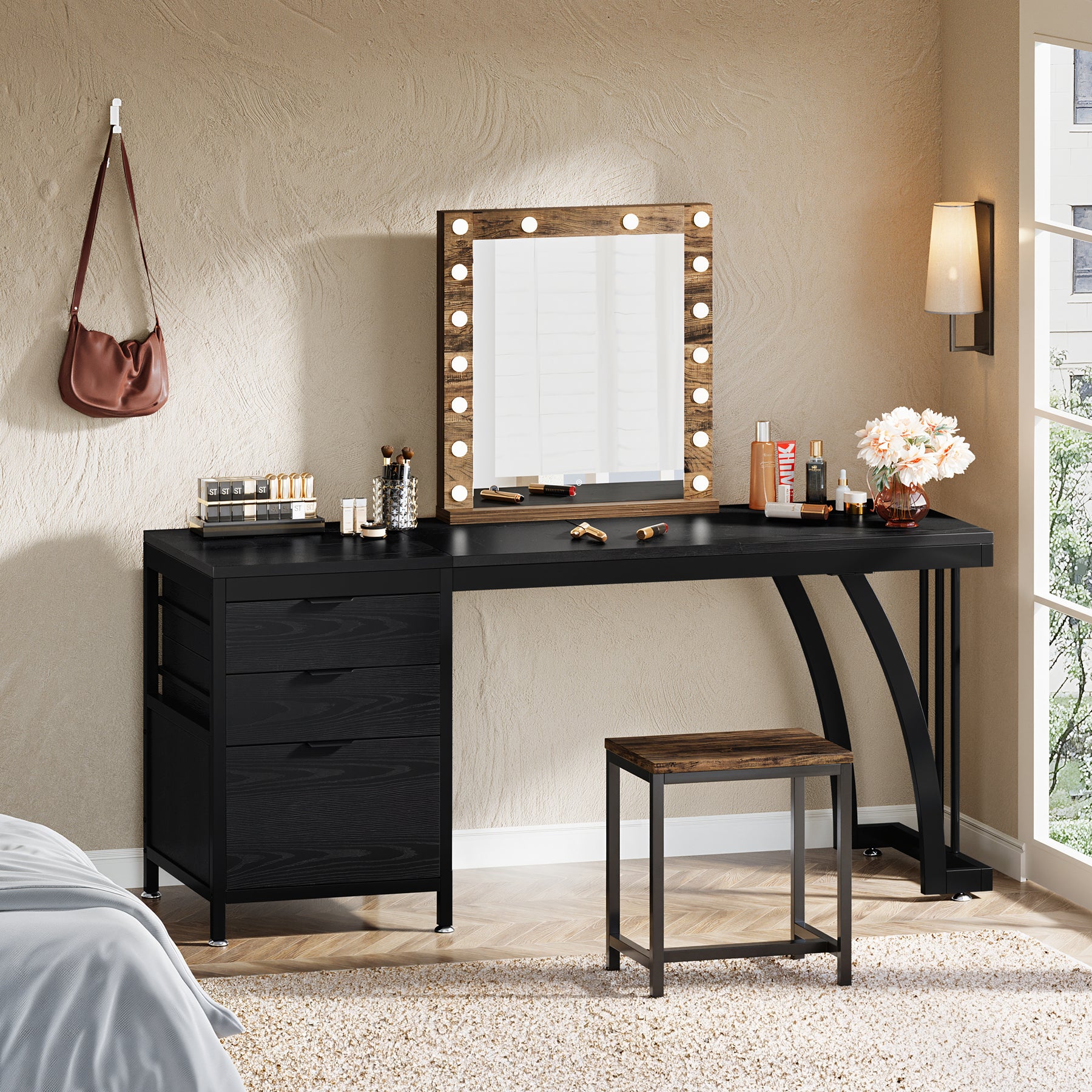 150 cm Met 3 Laden, Make-up Bureau Met Ombouwbare Opbergruimte