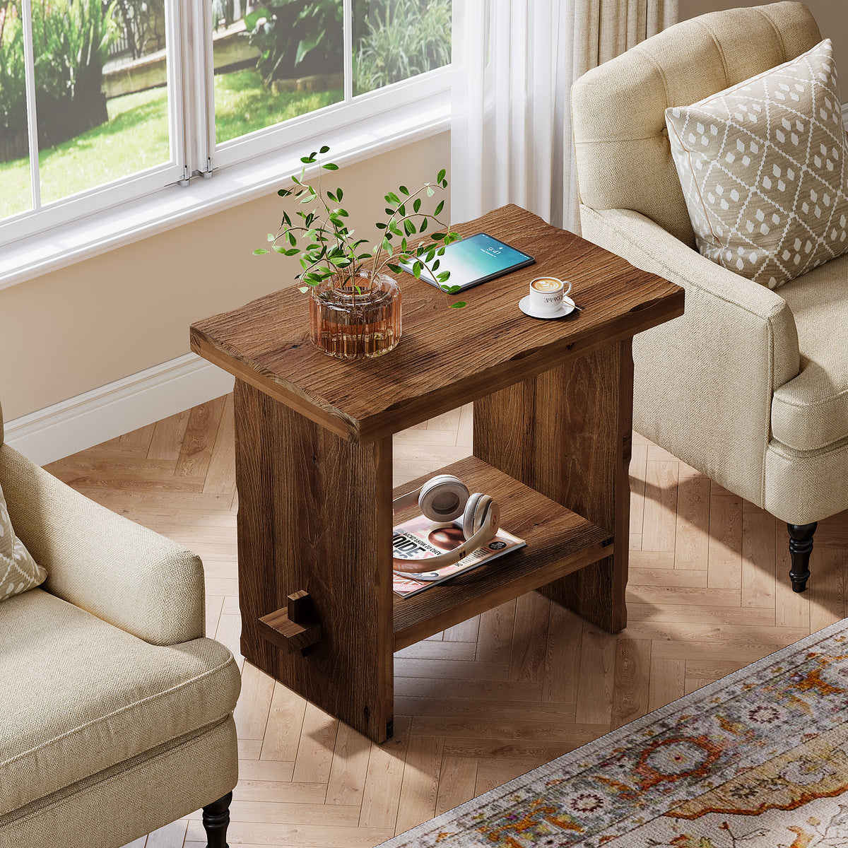 Tribesigns 60x40 cm massief houten bijzettafel met 2-laags opbergruimte, compact nachtkastje voor woonkamer