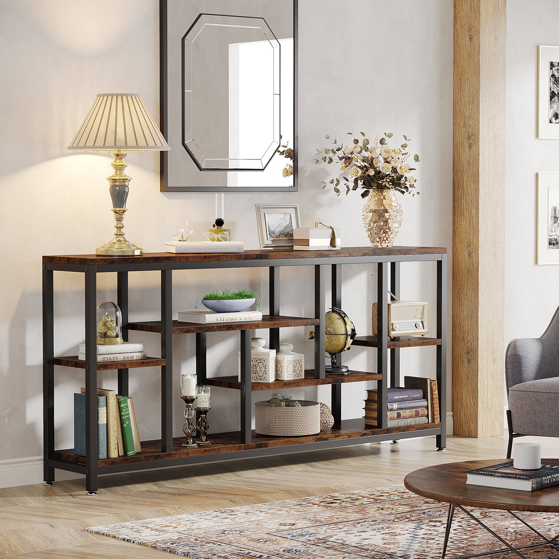 180 x 30 cm Tribesigns industriële consoletafel met 3-laagse opbergruimte, smalle sidetable achter de bank voor hal woonkamer en entree