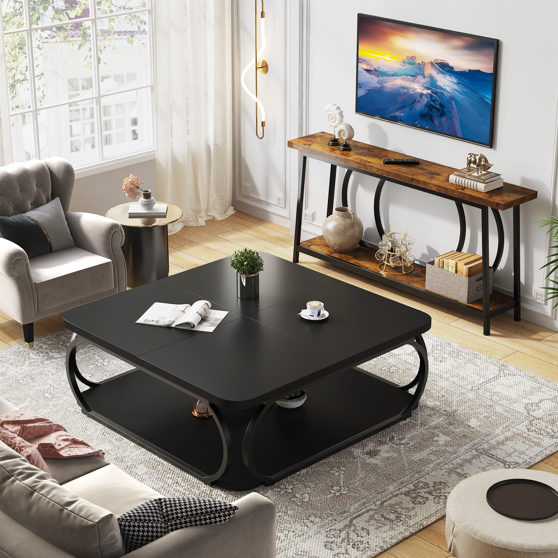 100 cm Vierkante Salontafel met Dubbele Planken, Landelijke Tafel met Metal Frame
