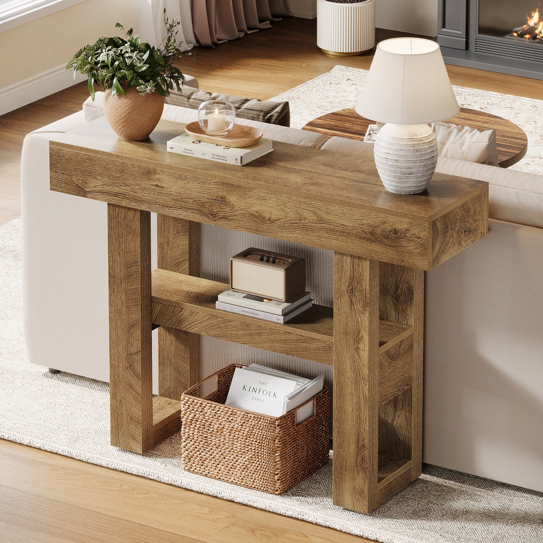 105 cm Smalle Consoletafel met 2 Niveaus, Rustieke Entreetafel voor Hal en Woonkamer