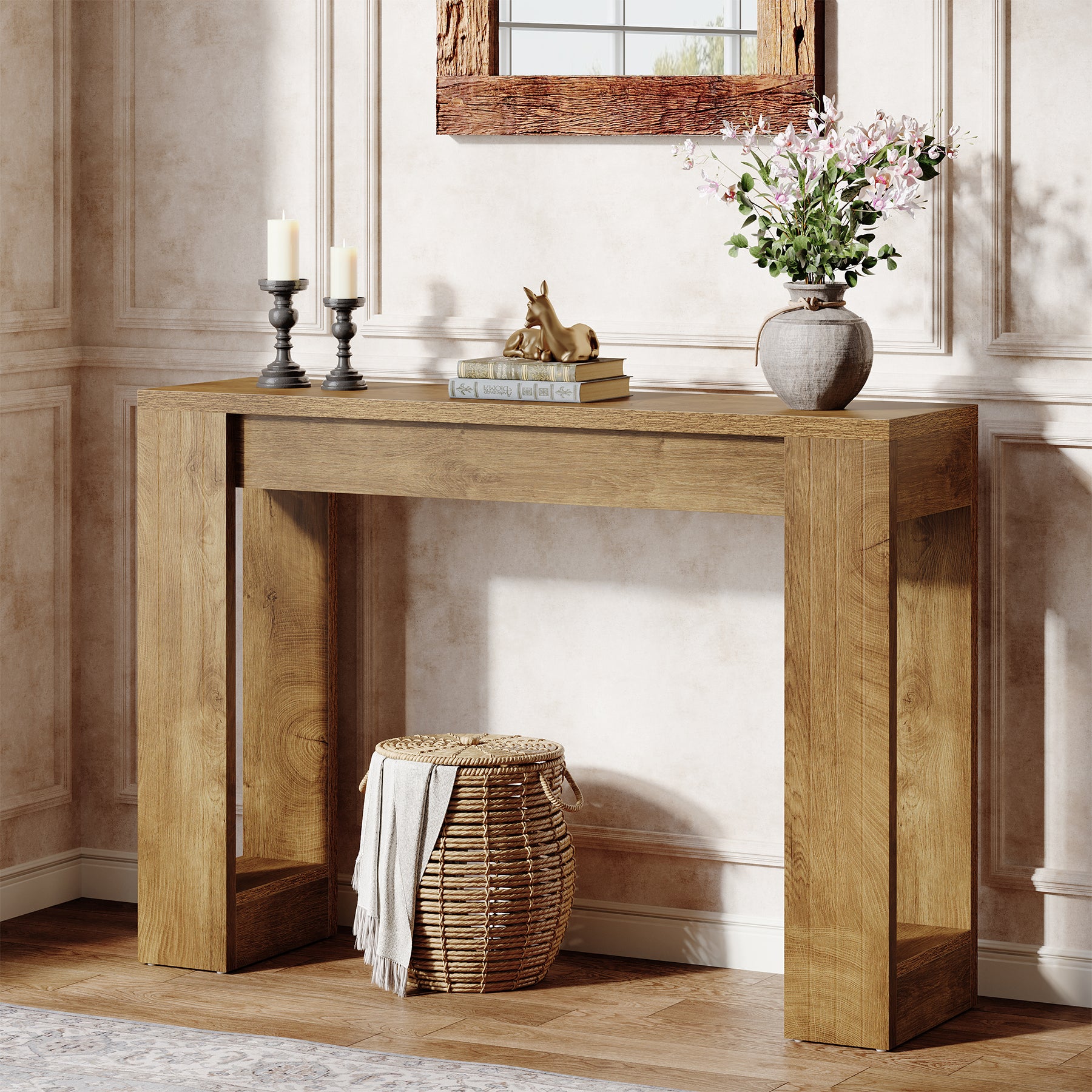 105 cm Houten Consoletafel met Dubbele Basis, Moderne Haltafel voor Entree en Woonkamer