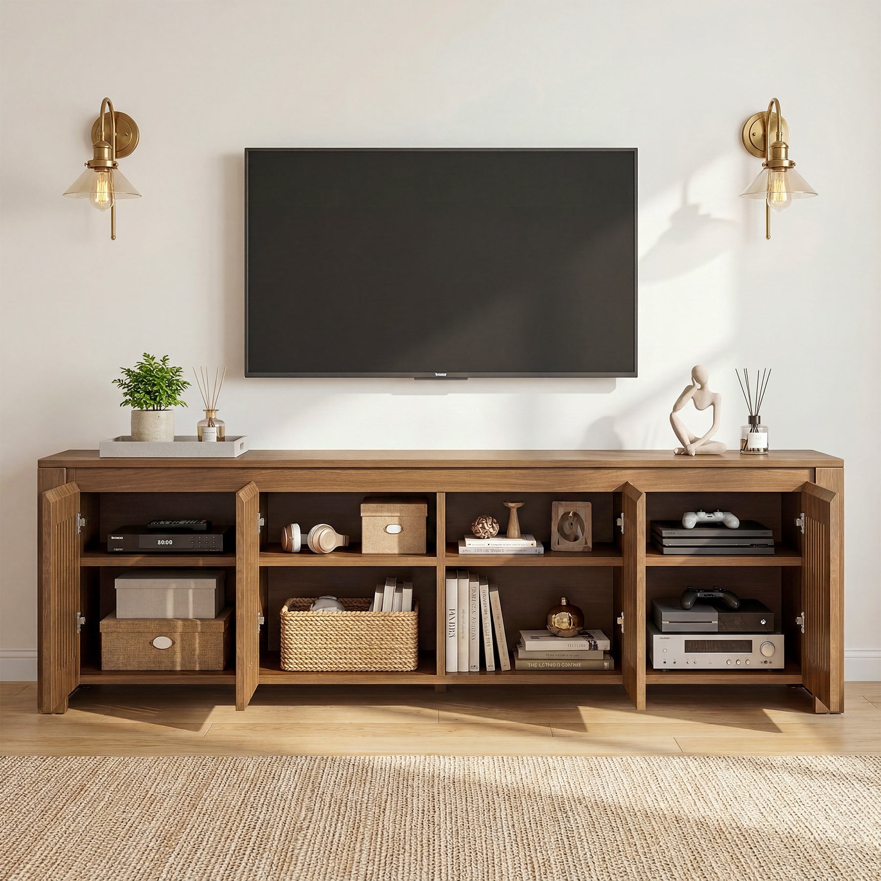 Tribesigns 140 cm TV-Meubel voor TV's tot 65 Inch, TV-Kast met Lamellendeuren en 8 Opbergvakken