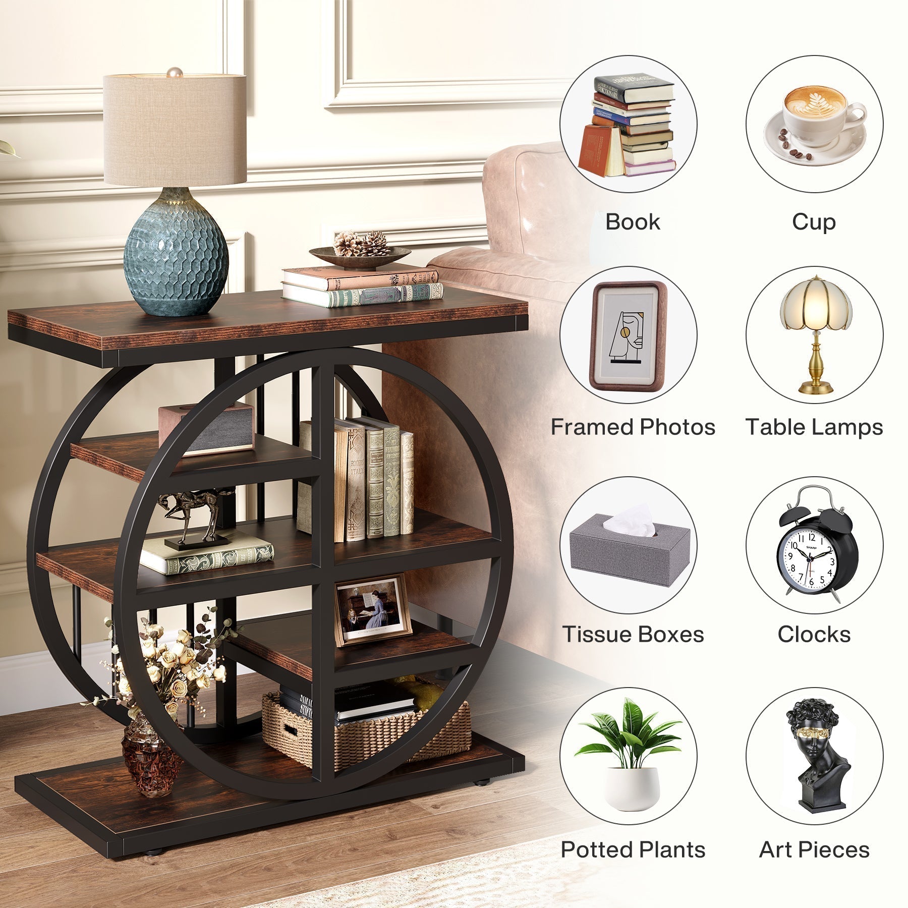 60 x 30 cm Industriële Bijzettafel, Smalle 5-Etages Tafel voor Woonkamer en Slaapkamer