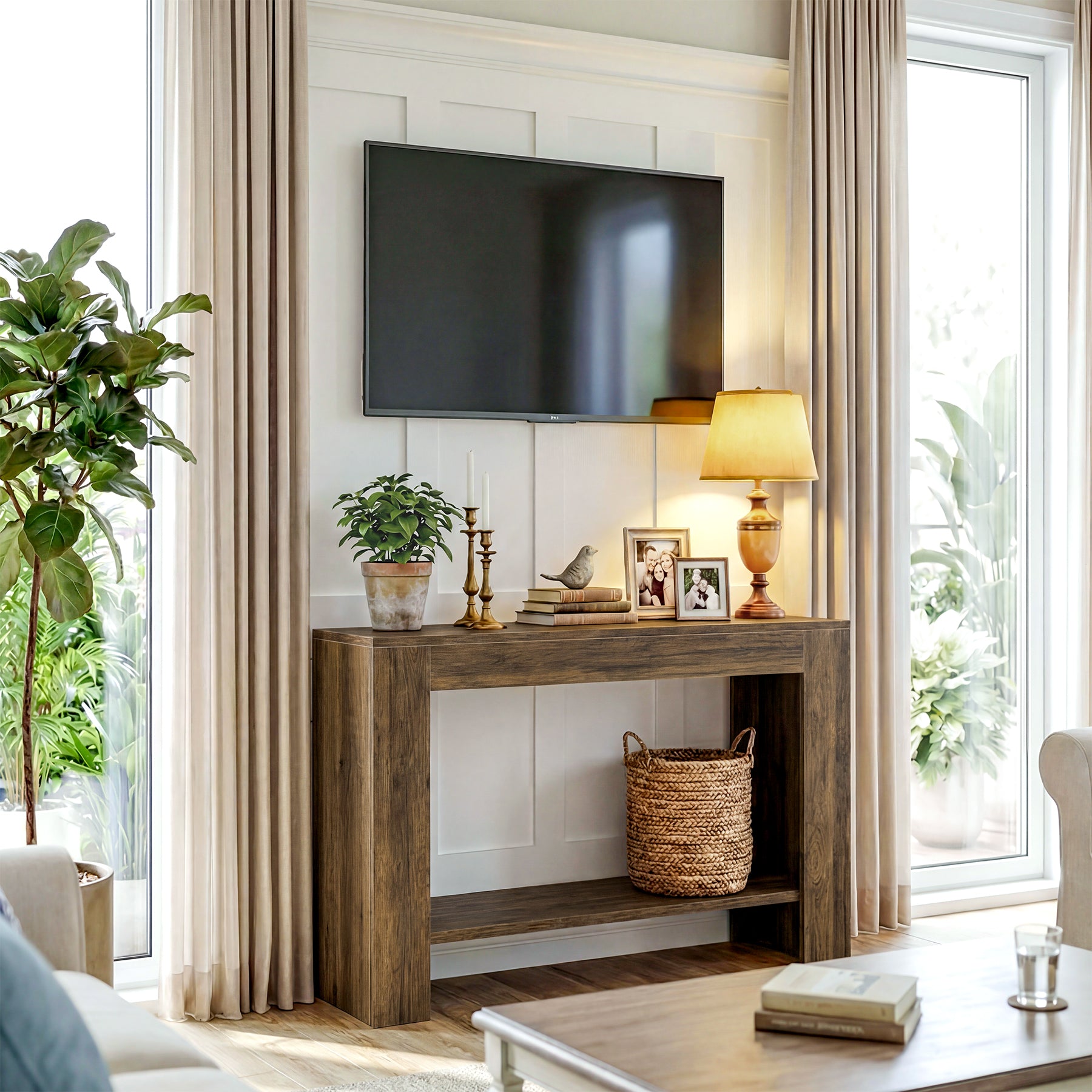 105 cm Landelijke Consoletafel met Opbergruimte, Smalle 2-Laags Sofatafel voor Hal en Gang